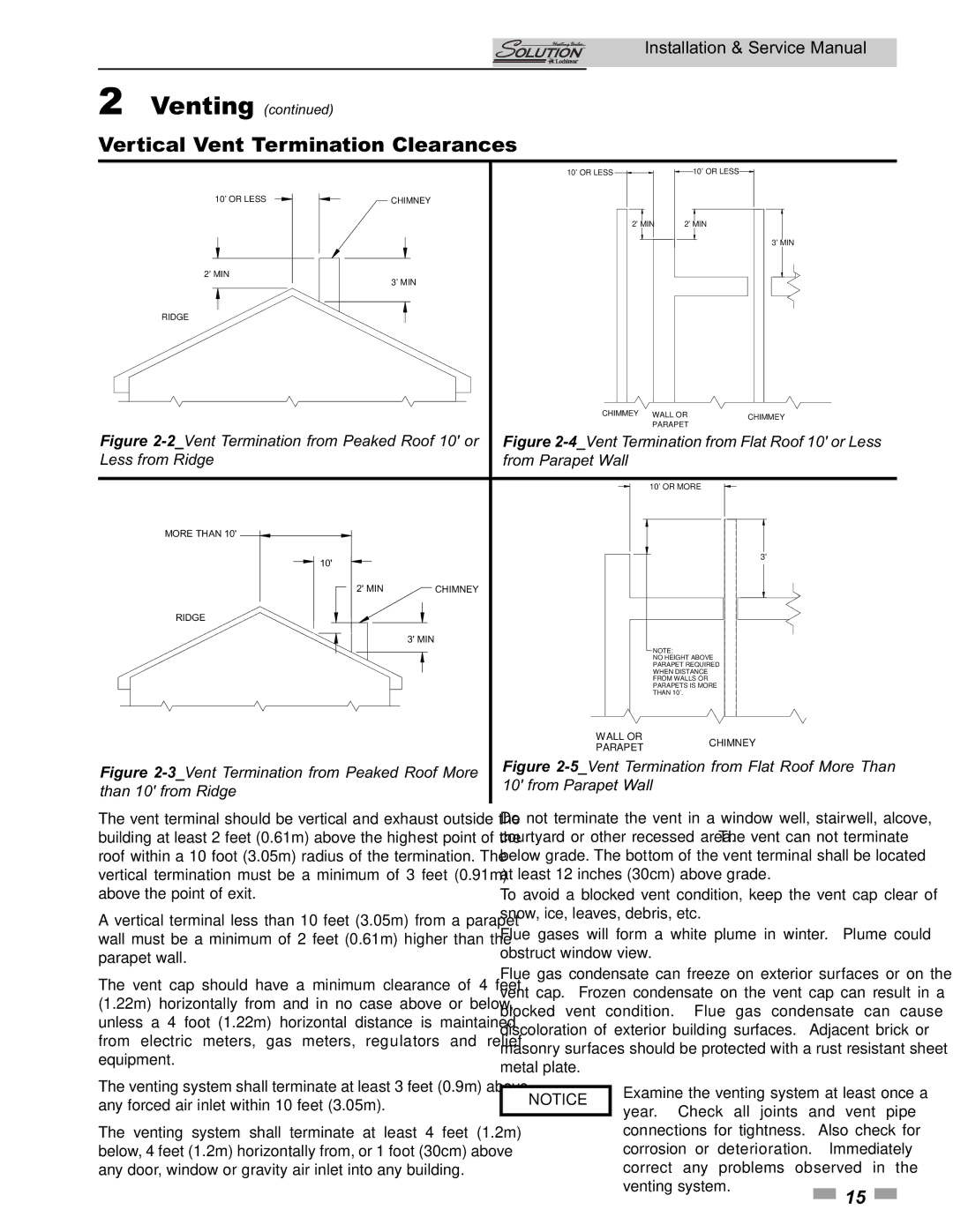 Lochinvar 260000, 45000 service manual Vertical Vent Termination Clearances, Less from Ridge From Parapet Wall 