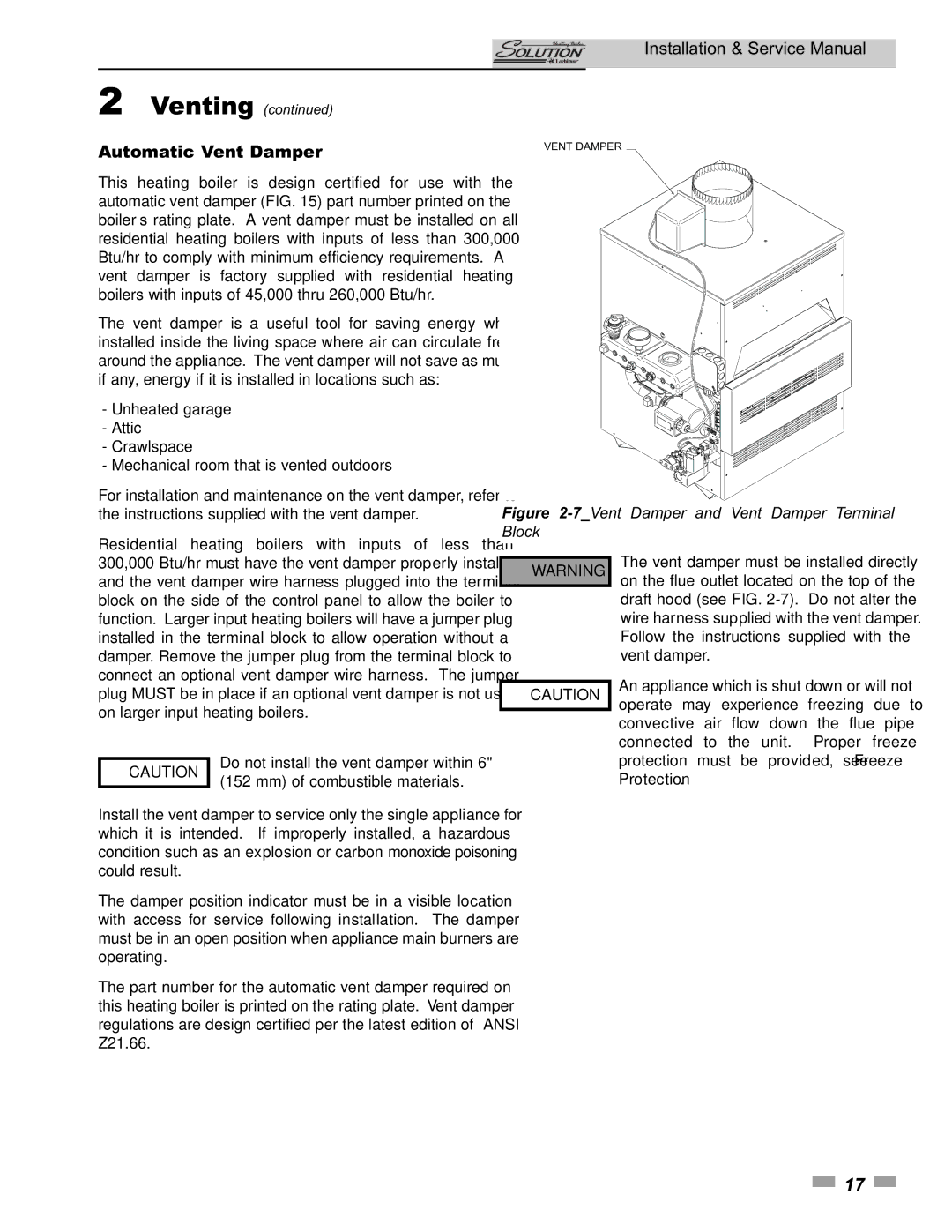 Lochinvar 260000, 45000 service manual Automatic Vent Damper, 7Vent Damper and Vent Damper Terminal Block 