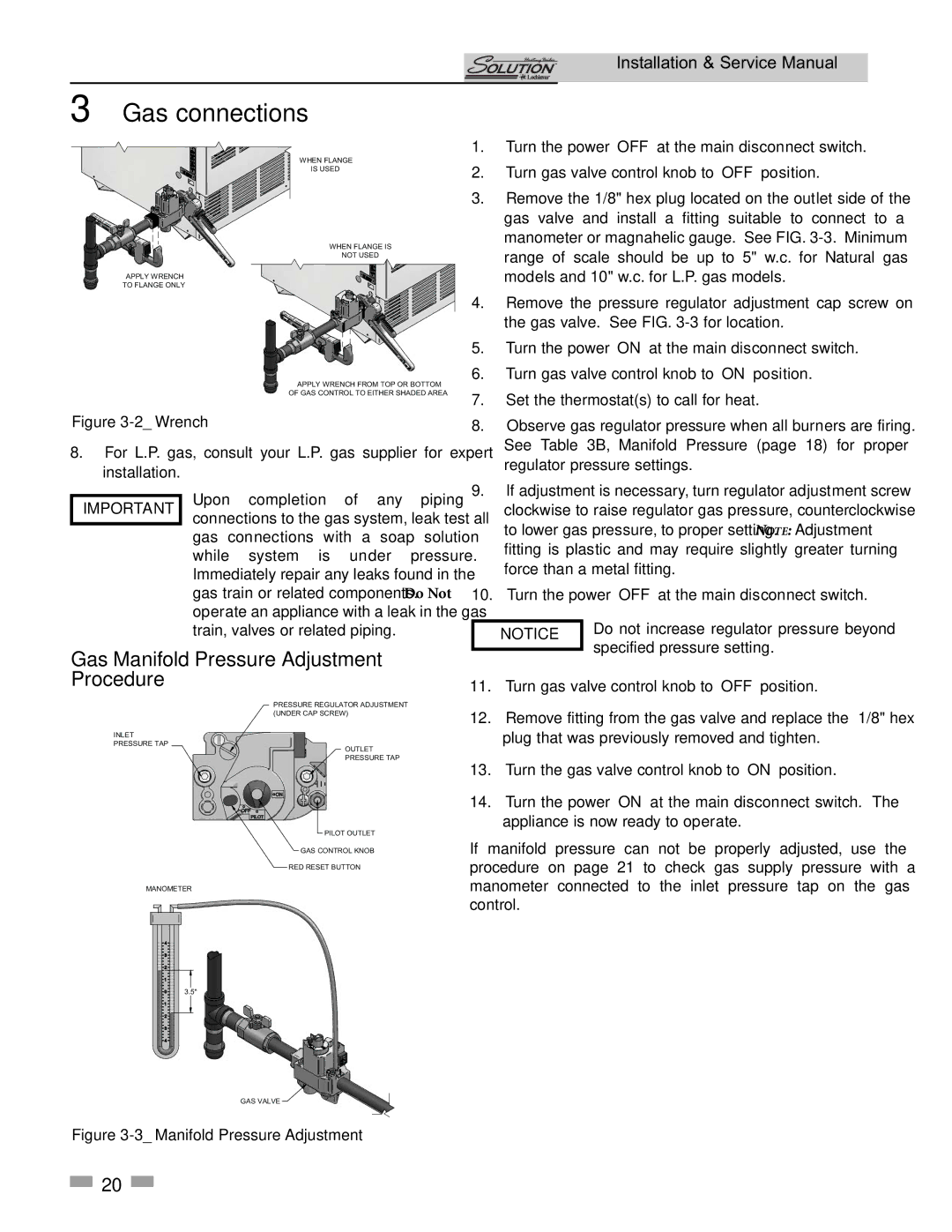 Lochinvar 45000, 260000 service manual Gas Manifold Pressure Adjustment Procedure, 2Wrench 