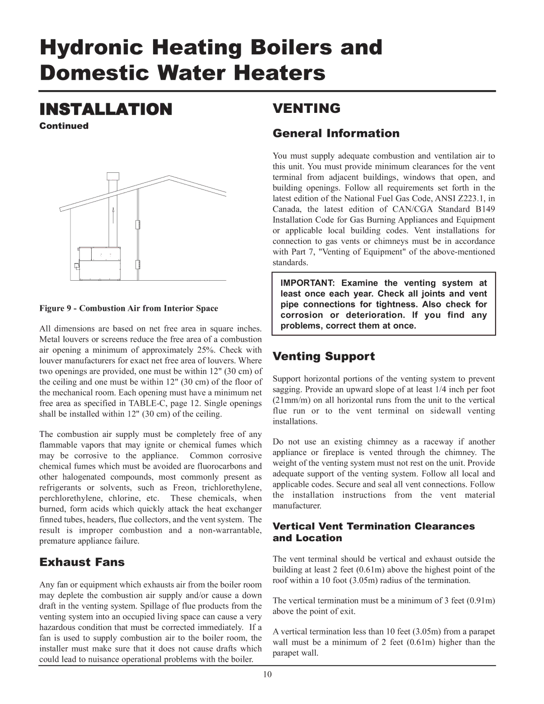 Lochinvar 065, 495, 000 - 2 service manual Installation Venting, General Information, Exhaust Fans, Venting Support 