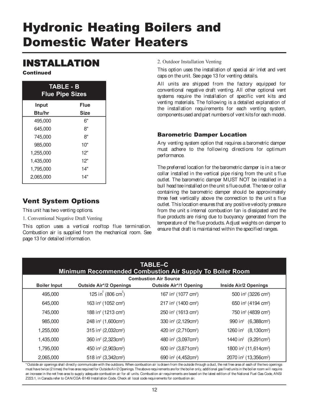 Lochinvar 495, 065, 000 - 2 service manual Vent System Options, Table B, Flue Pipe Sizes, Table-C 