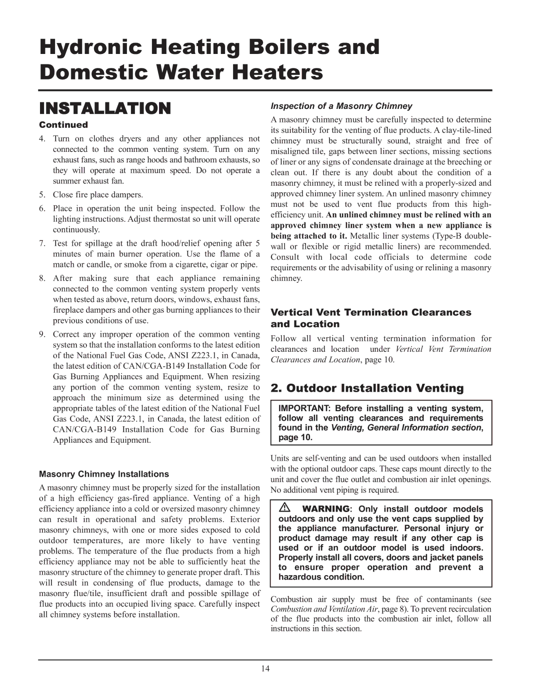 Lochinvar 000 - 2, 495, 065 service manual Outdoor Installation Venting, Masonry Chimney Installations 