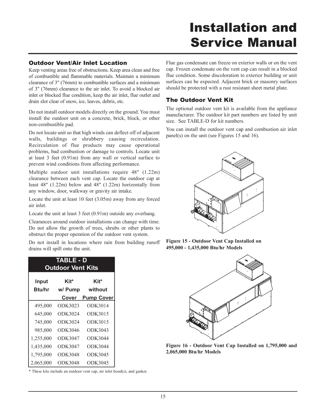 Lochinvar 495, 065, 000 - 2 service manual Table D, Outdoor Vent Kits, Outdoor Vent/Air Inlet Location 