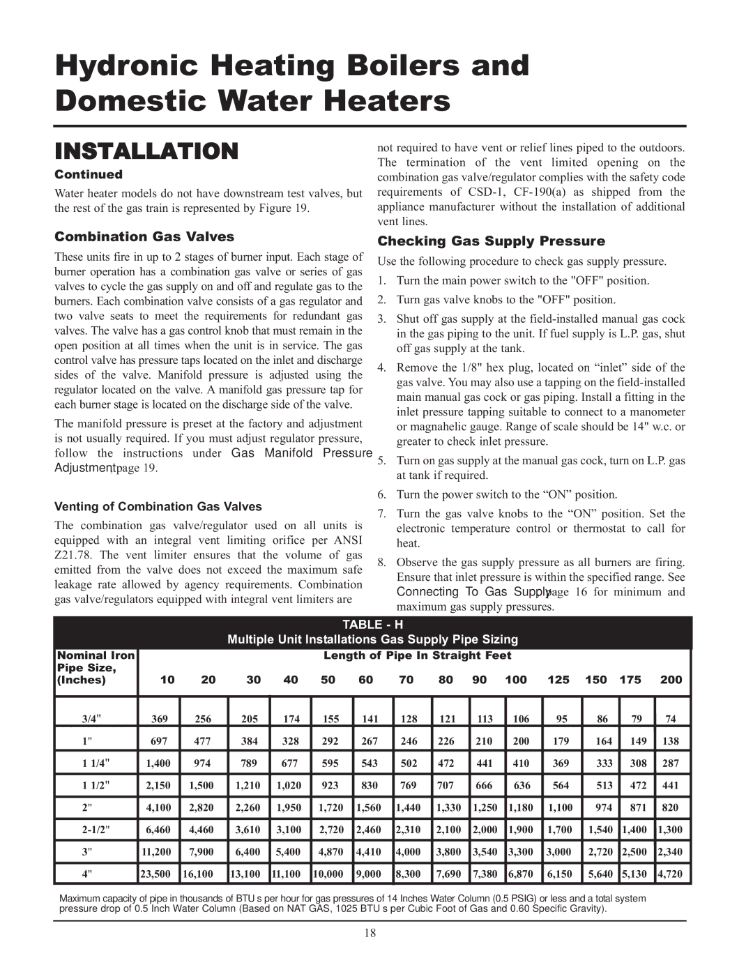 Lochinvar 495, 065, 000 - 2 service manual Checking Gas Supply Pressure, Venting of Combination Gas Valves 