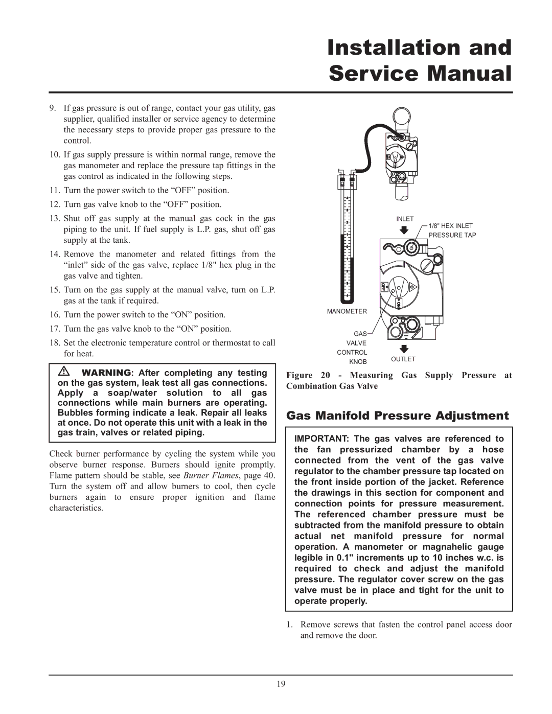 Lochinvar 065, 495, 000 - 2 Gas Manifold Pressure Adjustment, Measuring Gas Supply Pressure at Combination Gas Valve 