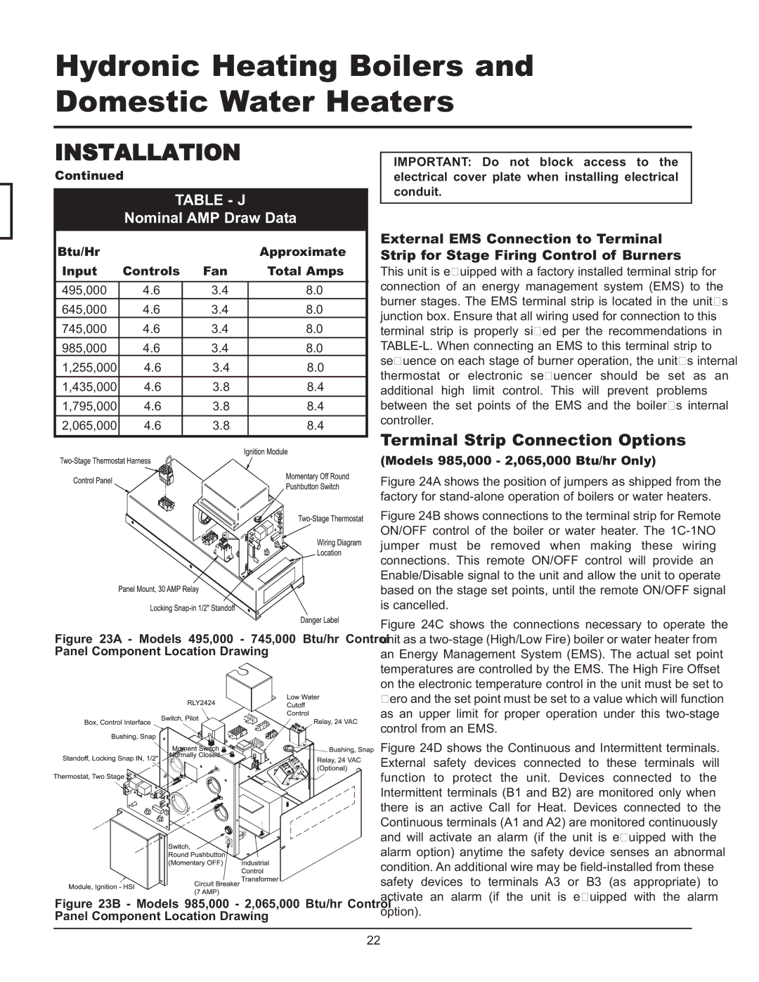 Lochinvar 065, 495, 000 - 2 service manual Terminal Strip Connection Options, Table J, Nominal AMP Draw Data 