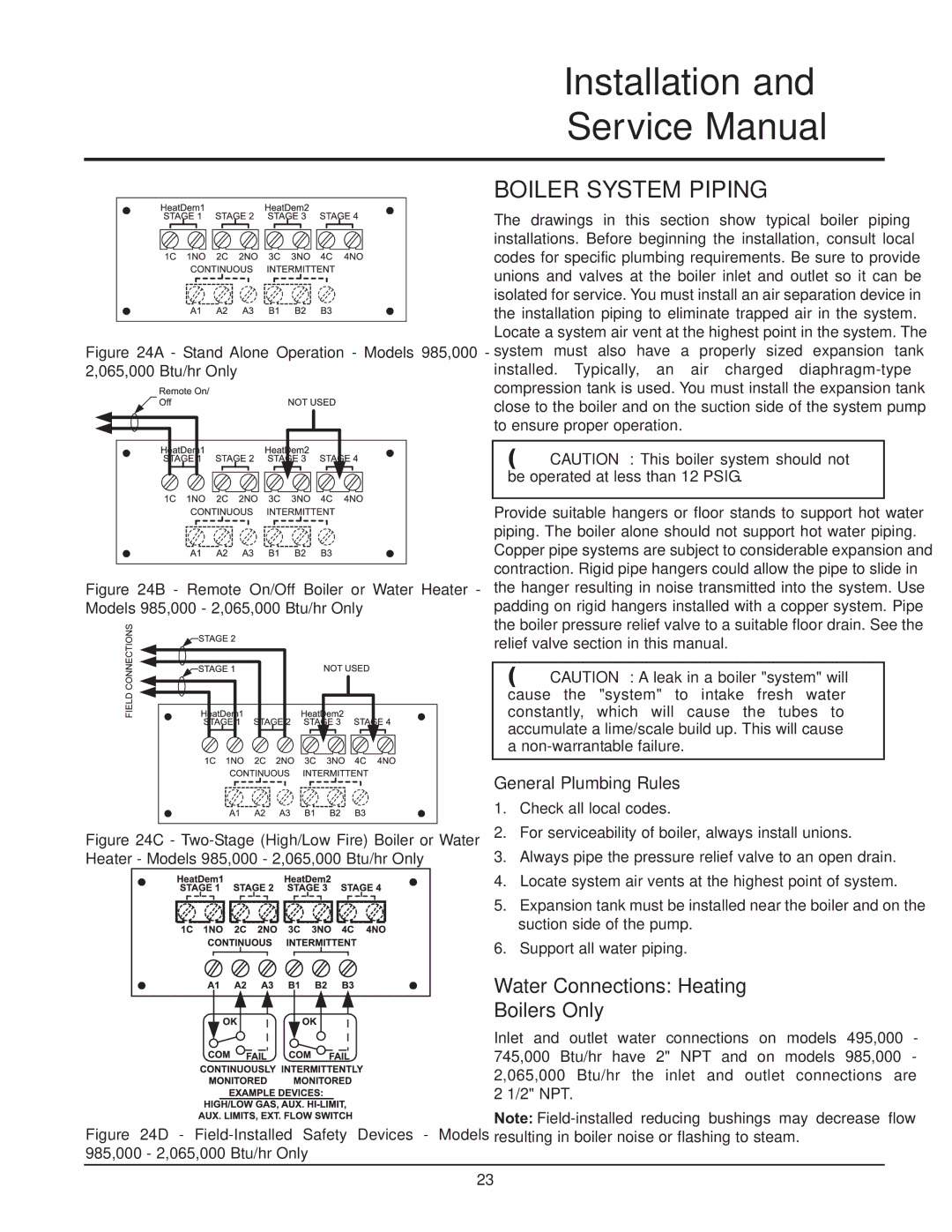 Lochinvar 000 - 2, 495, 065 service manual Water Connections Heating Boilers Only, General Plumbing Rules 