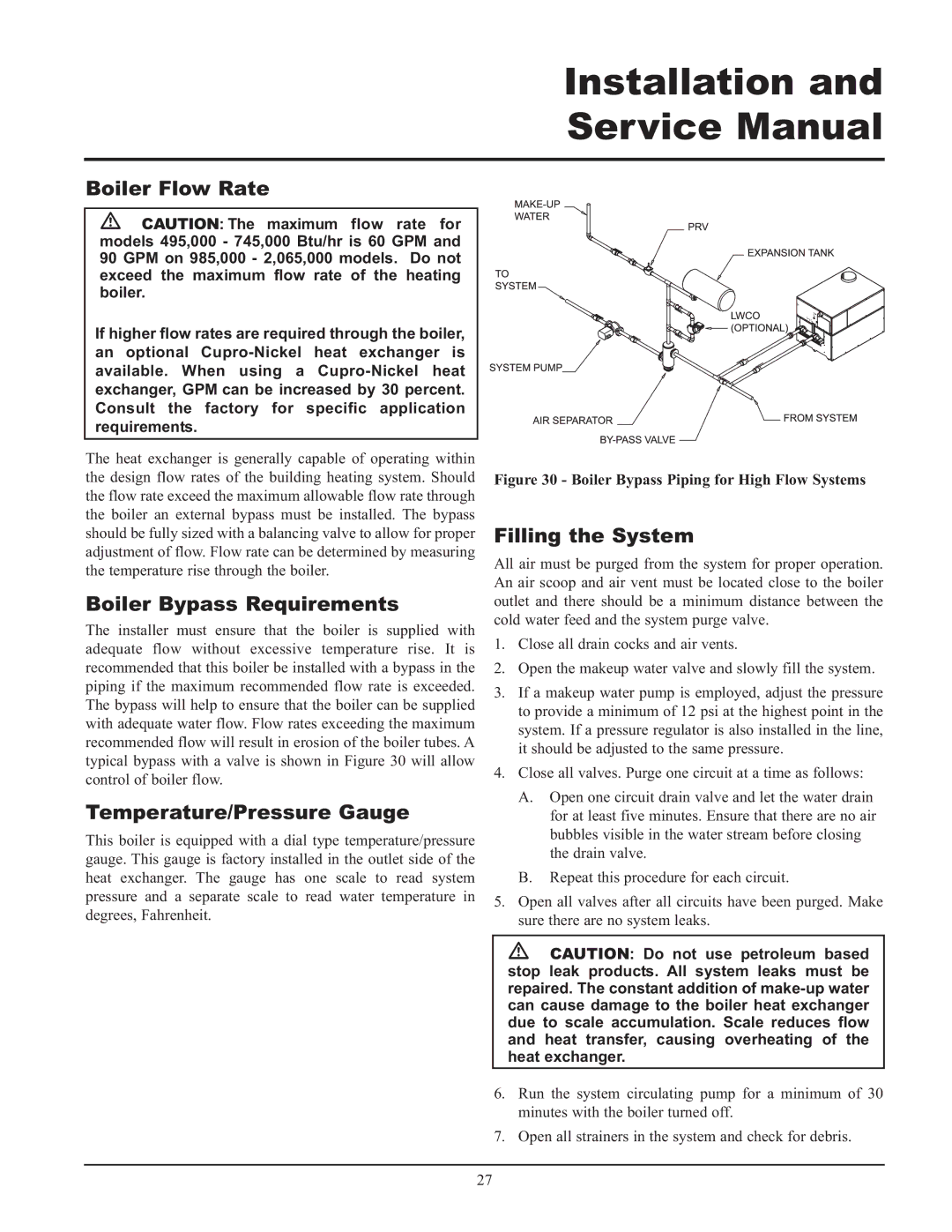 Lochinvar 495, 065, 000 - 2 Boiler Flow Rate, Boiler Bypass Requirements, Temperature/Pressure Gauge, Filling the System 