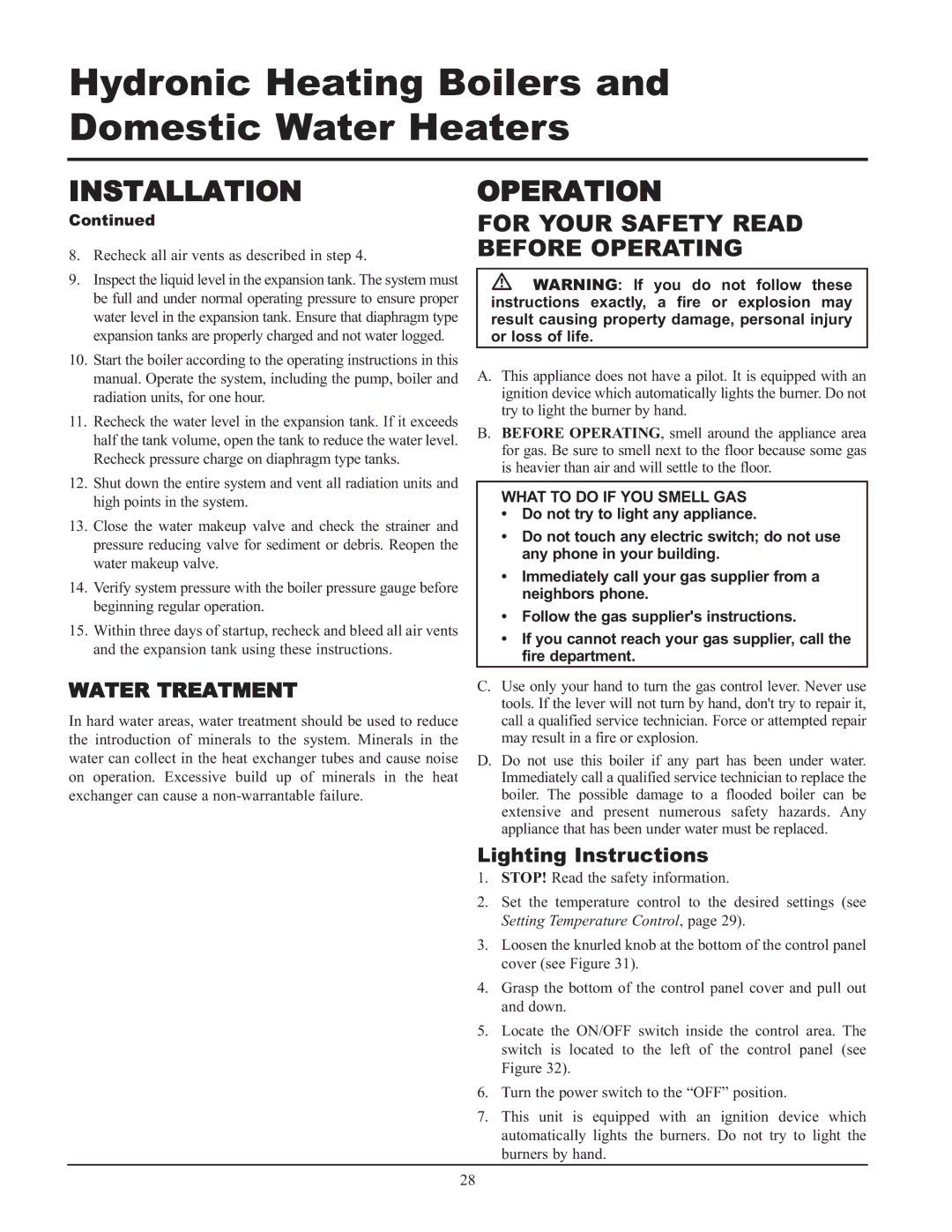 Lochinvar 065, 495, 000 - 2 service manual Operation, Lighting Instructions 