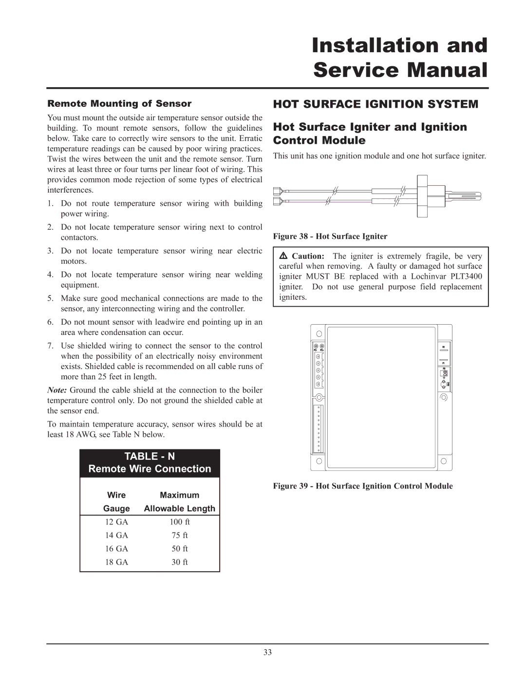 Lochinvar 495 Hot Surface Igniter and Ignition Control Module, Table N, Remote Wire Connection, Remote Mounting of Sensor 