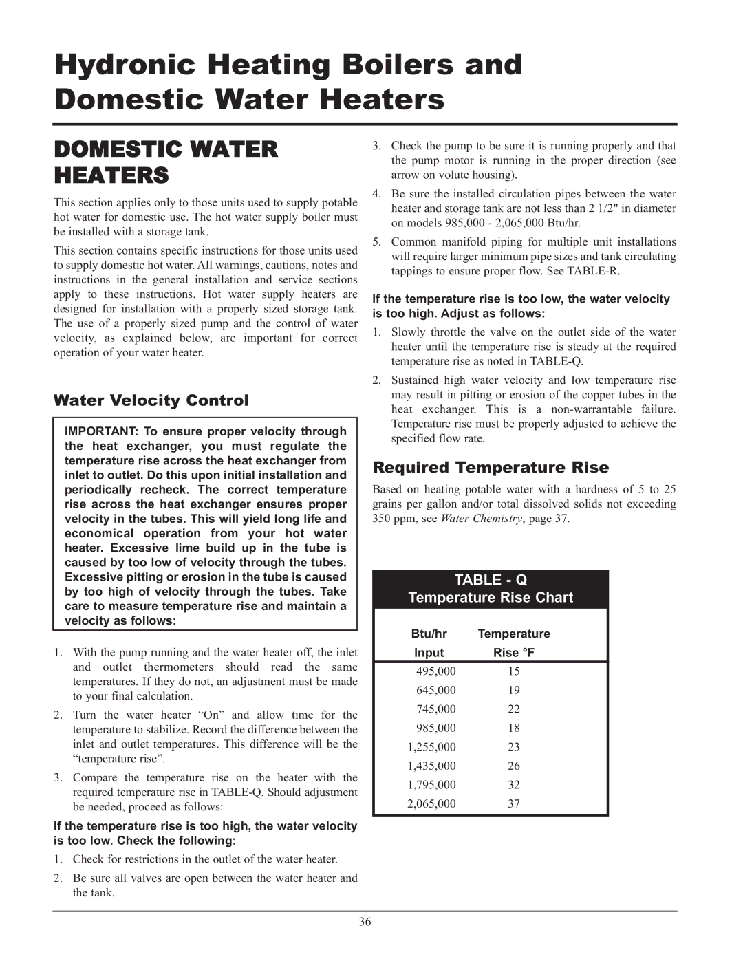 Lochinvar 495 Domestic Water Heaters, Water Velocity Control, Required Temperature Rise, Table Q, Temperature Rise Chart 