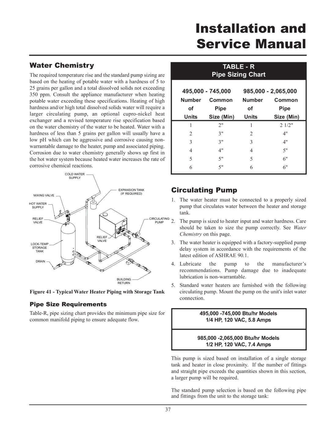 Lochinvar 065, 495, 000 - 2 service manual Water Chemistry, Circulating Pump, Table R, Pipe Sizing Chart 