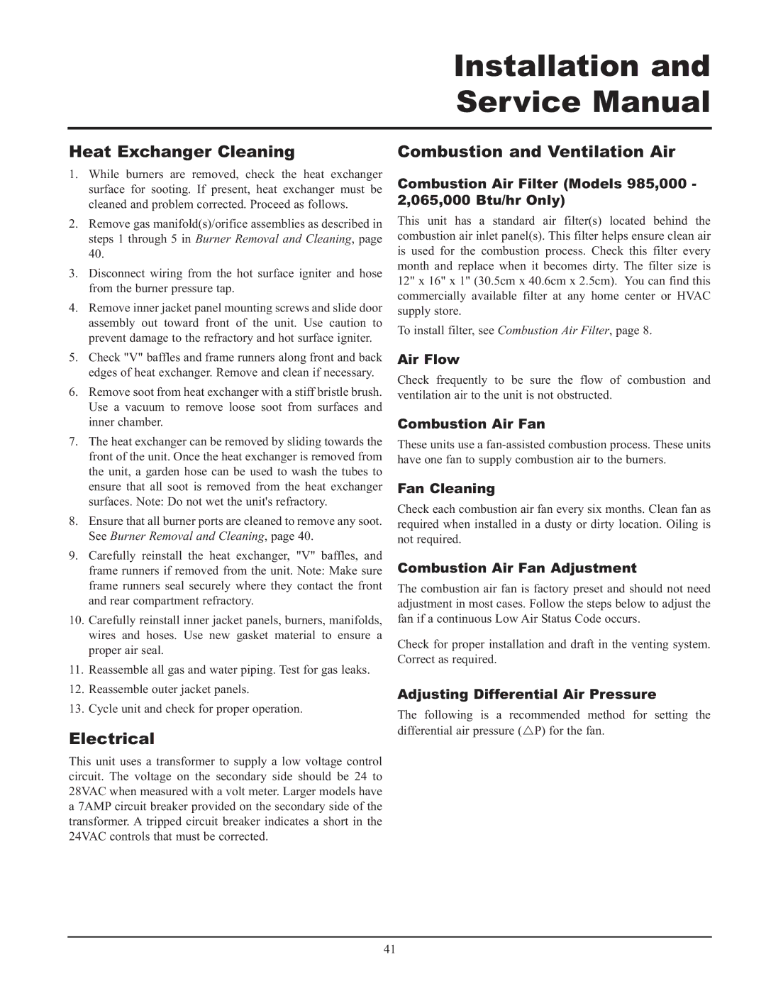 Lochinvar 000 - 2, 495, 065 service manual Heat Exchanger Cleaning, Electrical, Combustion and Ventilation Air 