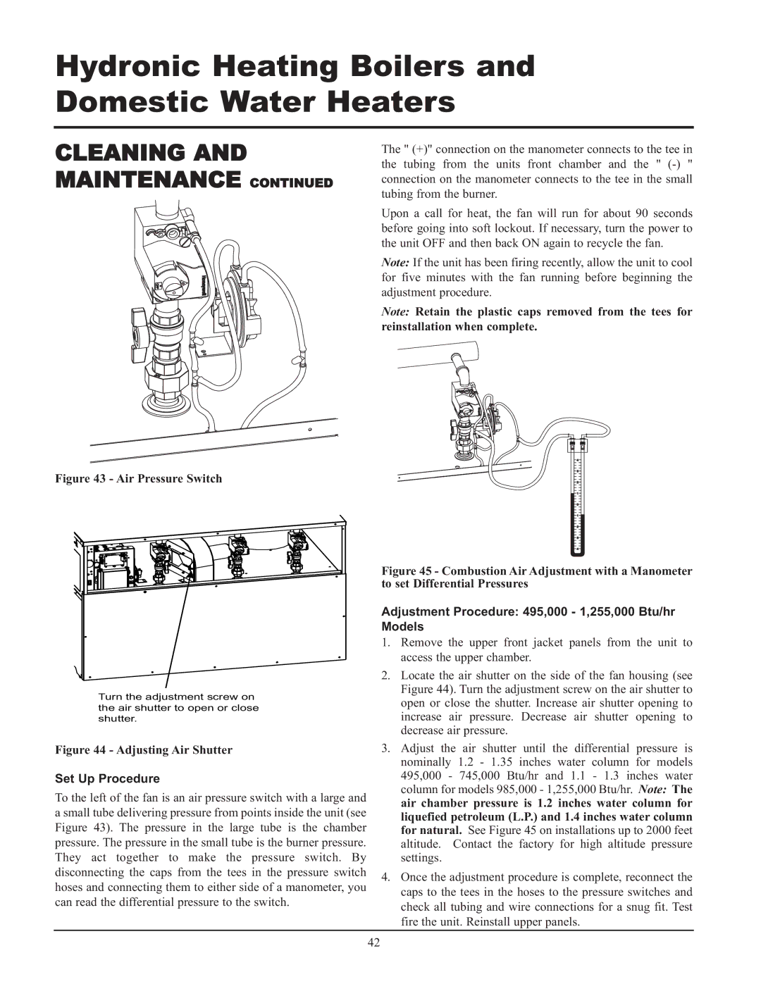 Lochinvar 065, 000 - 2 Cleaning and Maintenance, Set Up Procedure, Adjustment Procedure 495,000 1,255,000 Btu/hr Models 