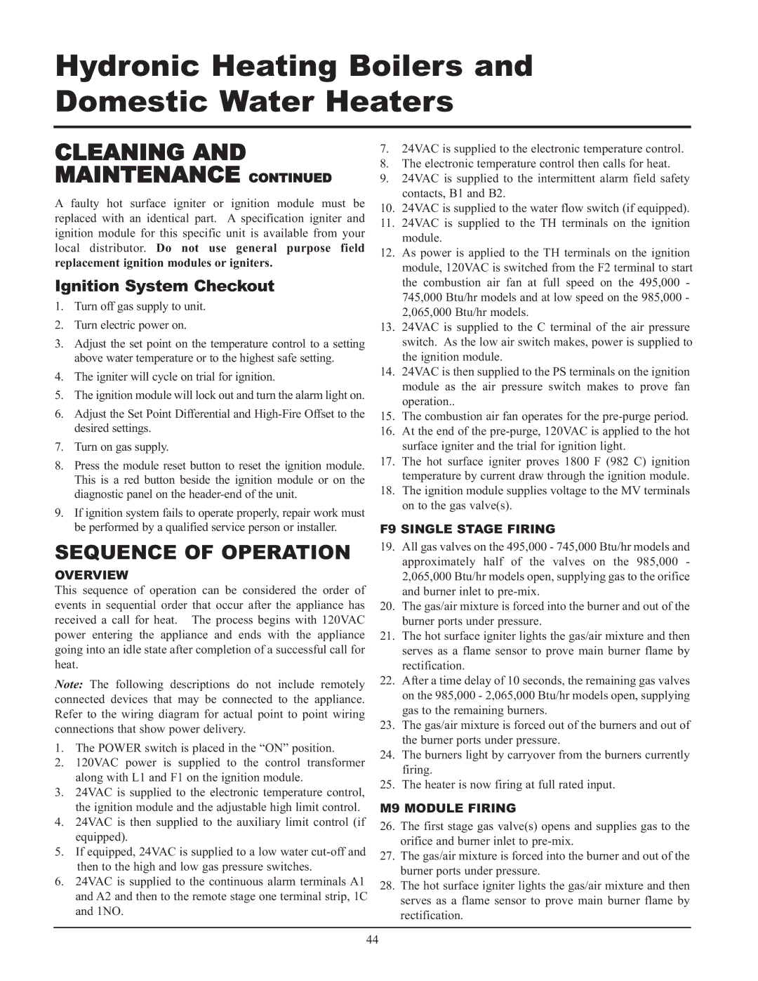 Lochinvar 000 - 2, 495, 065 service manual Sequence of Operation, Ignition System Checkout 