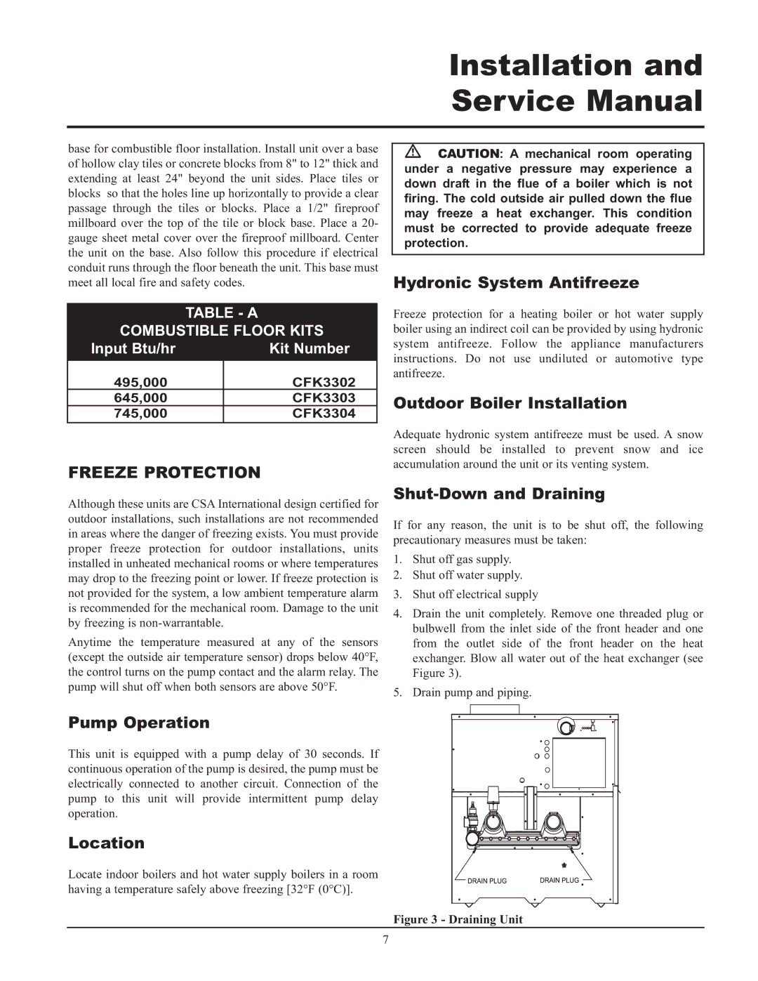 Lochinvar 065 Hydronic System Antifreeze, Outdoor Boiler Installation, Shut-Down and Draining, Pump Operation, Location 