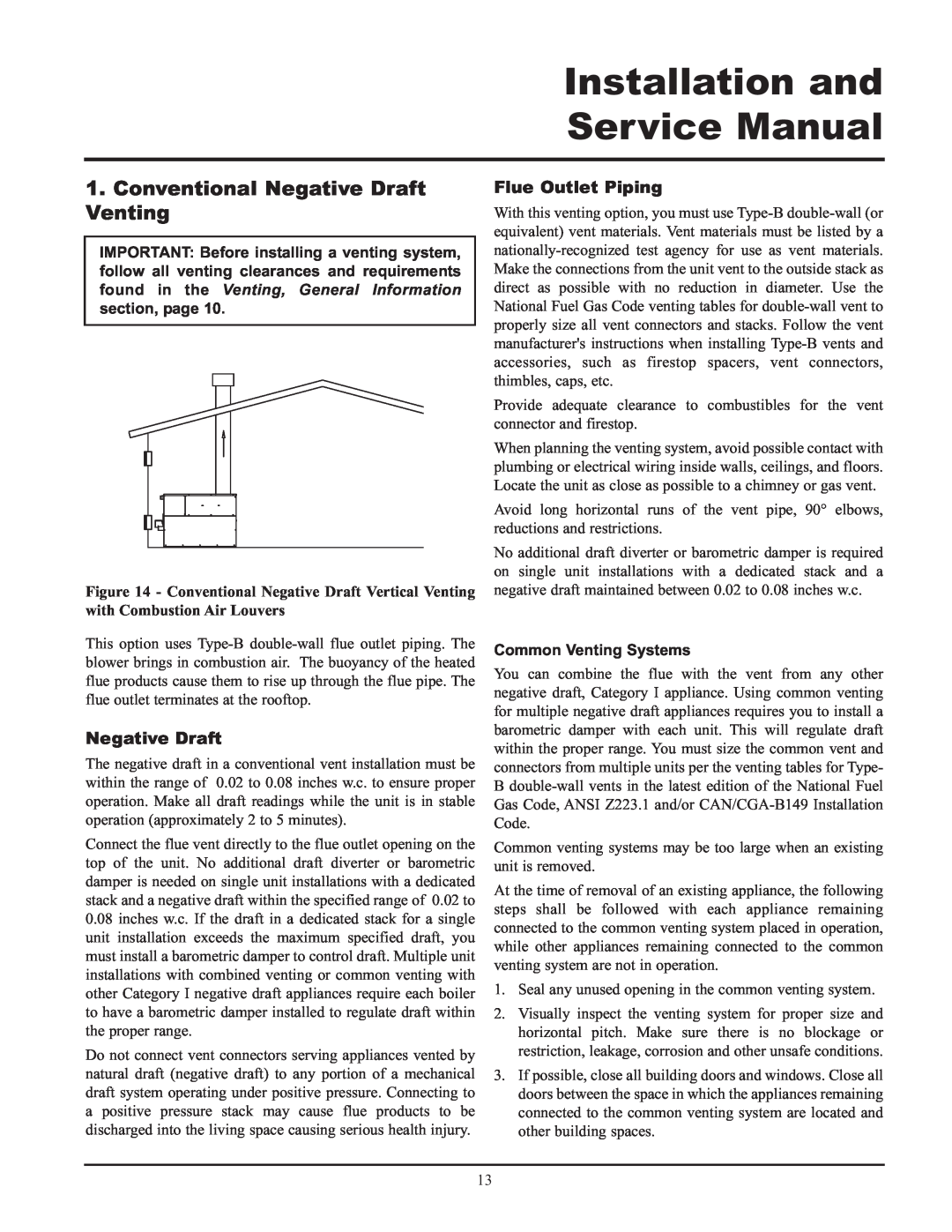 Lochinvar 065, 495, 000 - 2 service manual Conventional Negative Draft Venting, Flue Outlet Piping 