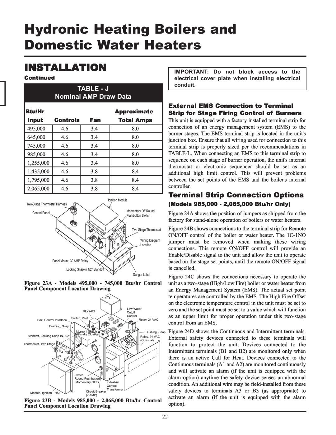 Lochinvar 065, 495, 000 - 2 service manual Terminal Strip Connection Options, TABLE - J Nominal AMP Draw Data, Installation 