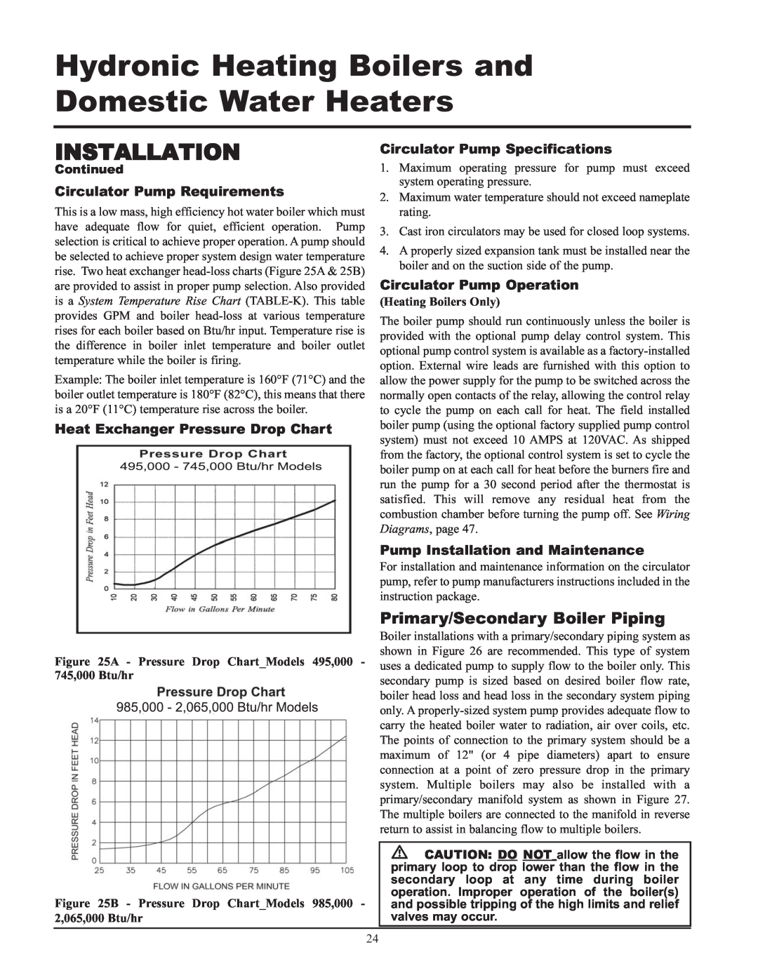 Lochinvar 495, 065 Primary/Secondary Boiler Piping, Circulator Pump Requirements, Heat Exchanger Pressure Drop Chart 