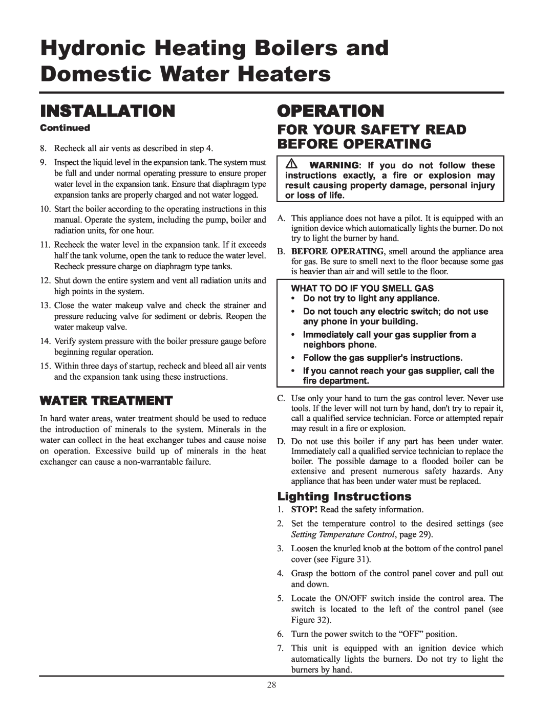 Lochinvar 065, 495 Operation, For Your Safety Read Before Operating, Water Treatment, Lighting Instructions, Installation 