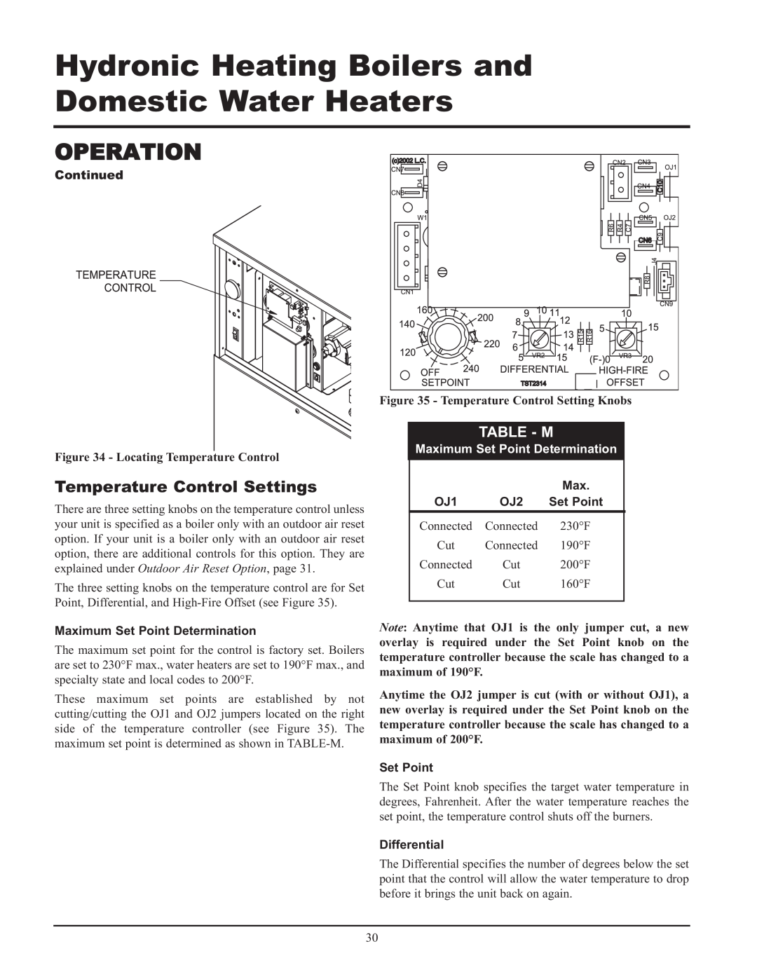 Lochinvar 495, 065 Temperature Control Settings, Table - M, Table-L, Maximum Set Point Determination Setpoint, Operation 
