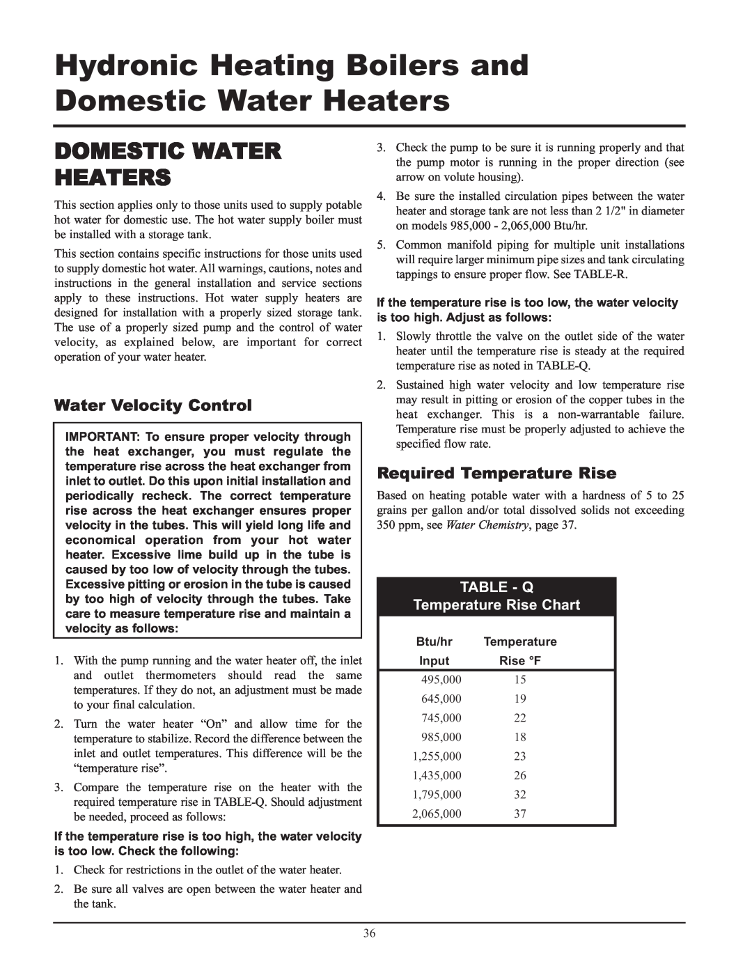 Lochinvar 495 Domestic Water Heaters, Water Velocity Control, Required Temperature Rise, TABLE - Q Temperature Rise Chart 