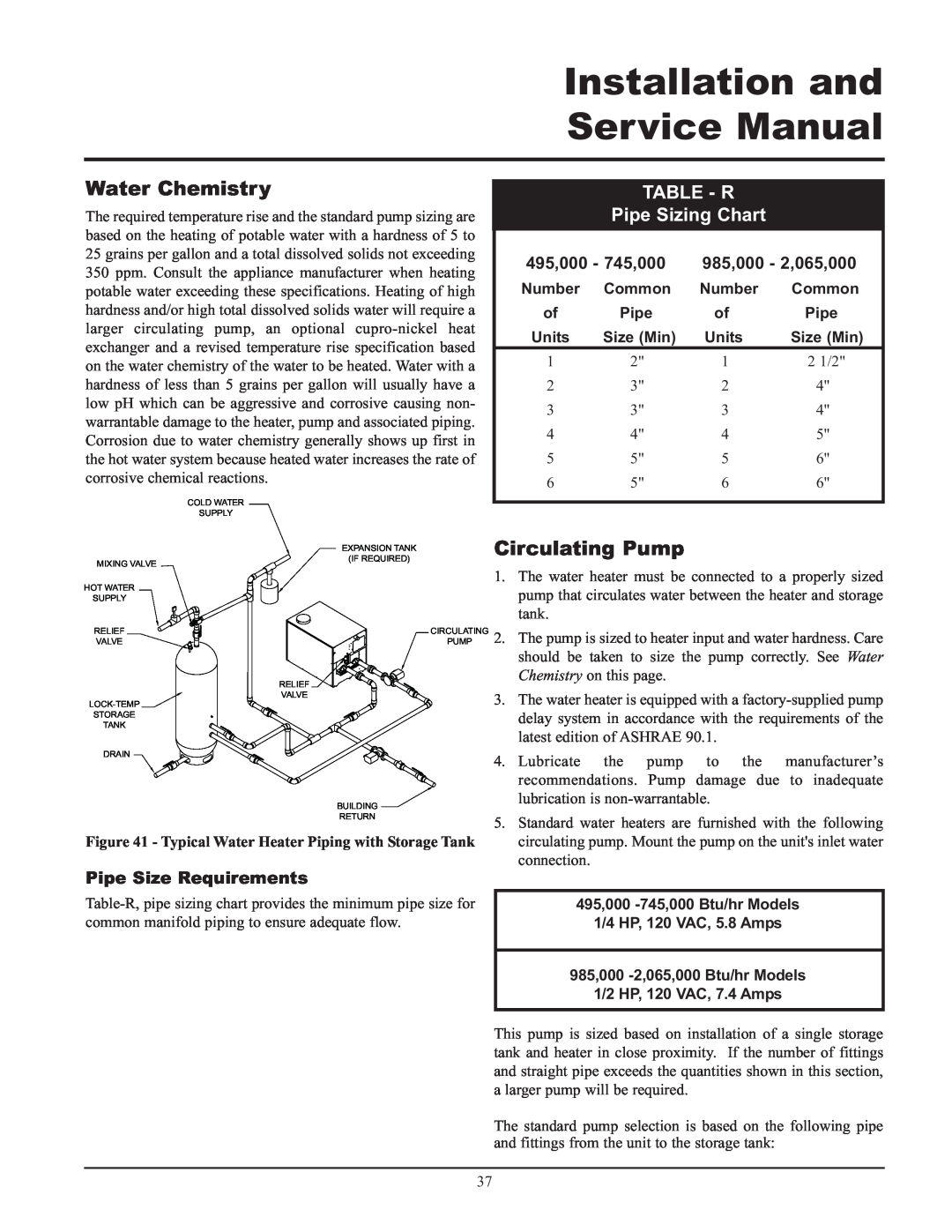 Lochinvar Water Chemistry, Circulating Pump, TABLE - R Pipe Sizing Chart, 495,000 - 745,000 985,000 - 2,065,000 