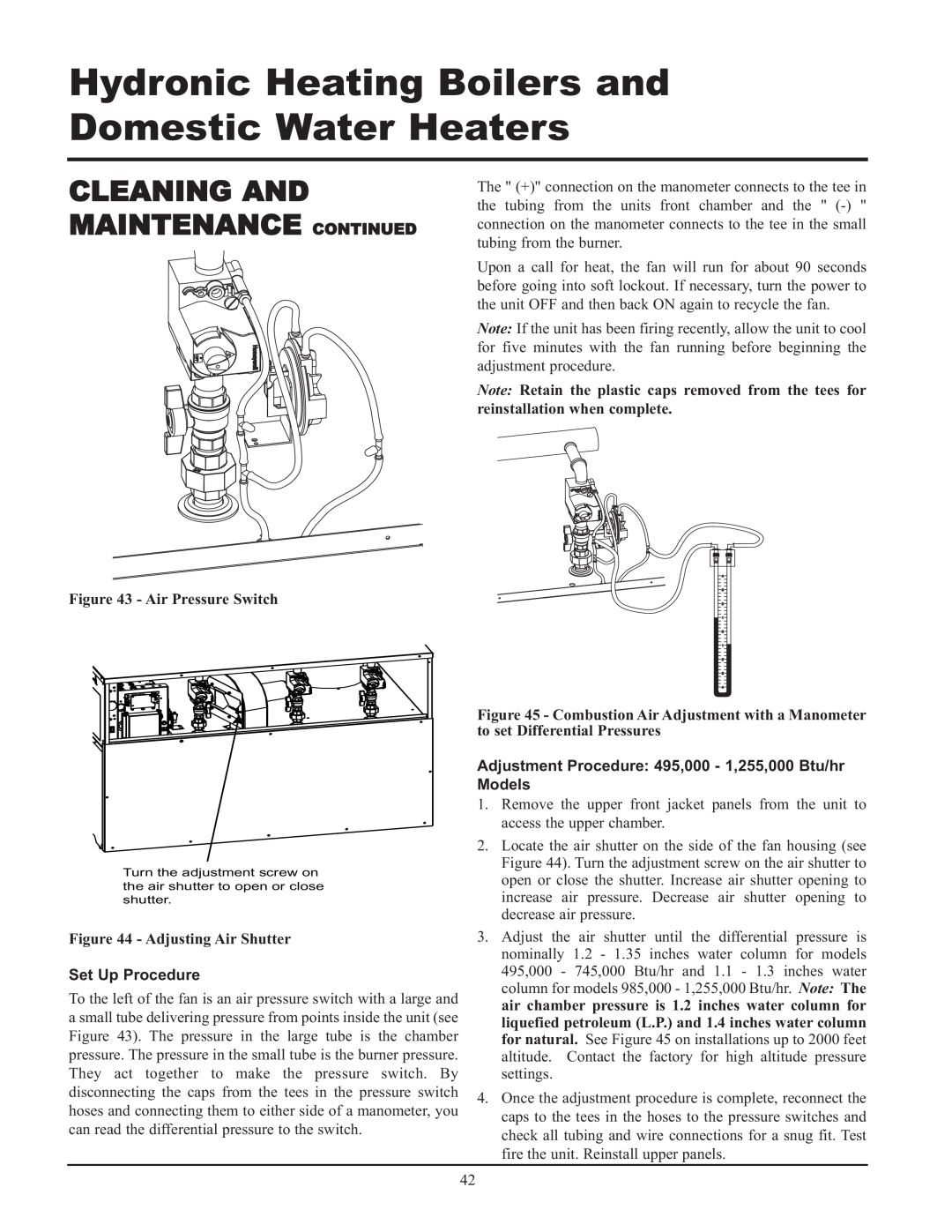 Lochinvar 495, 065, 000 - 2 service manual Cleaning And Maintenance Continued, Air Pressure Switch, Adjusting Air Shutter 