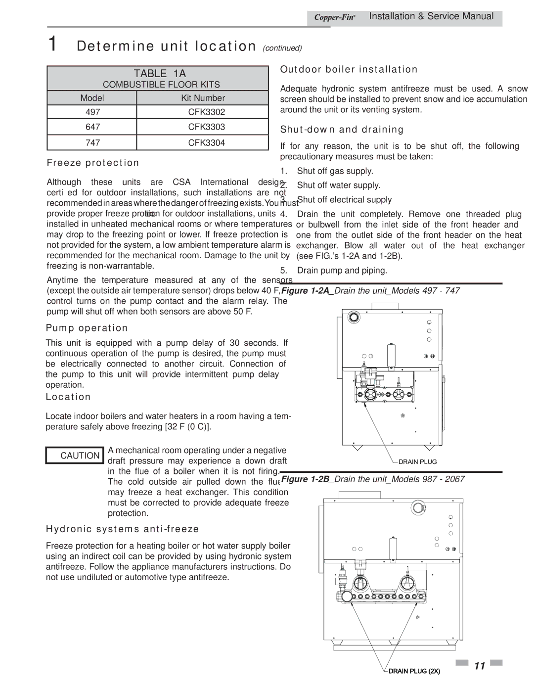 Lochinvar 497 - 2067 Outdoor boiler installation, Shut-down and draining, Freeze protection, Pump operation, Location 