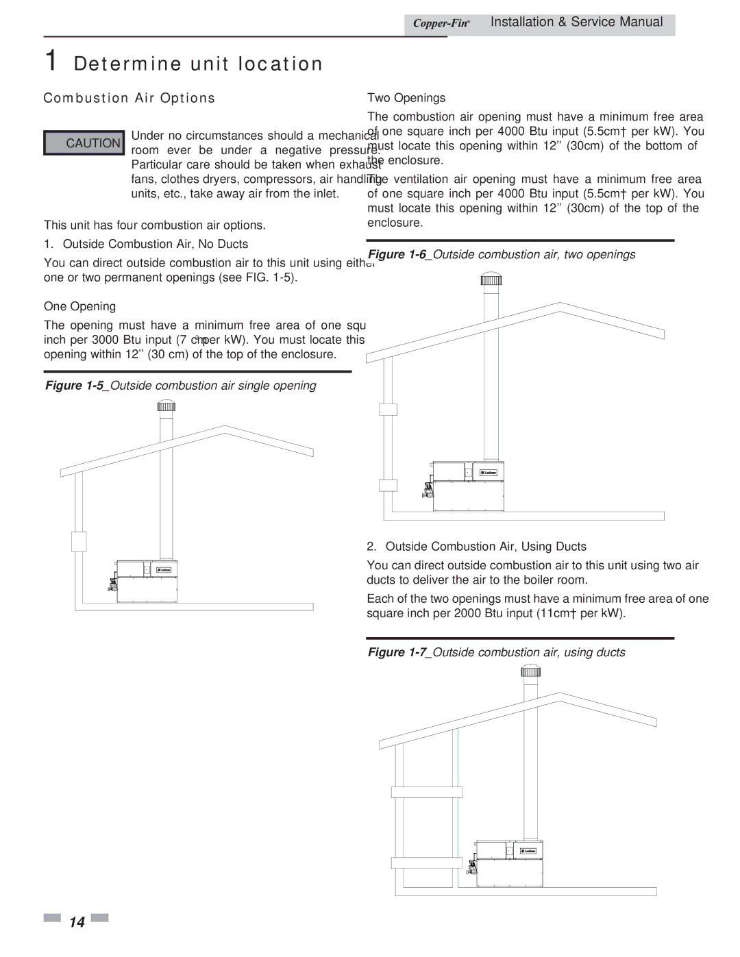 Lochinvar 497 - 2067 Combustion Air Options, Outside Combustion Air, No Ducts, Outside Combustion Air, Using Ducts 