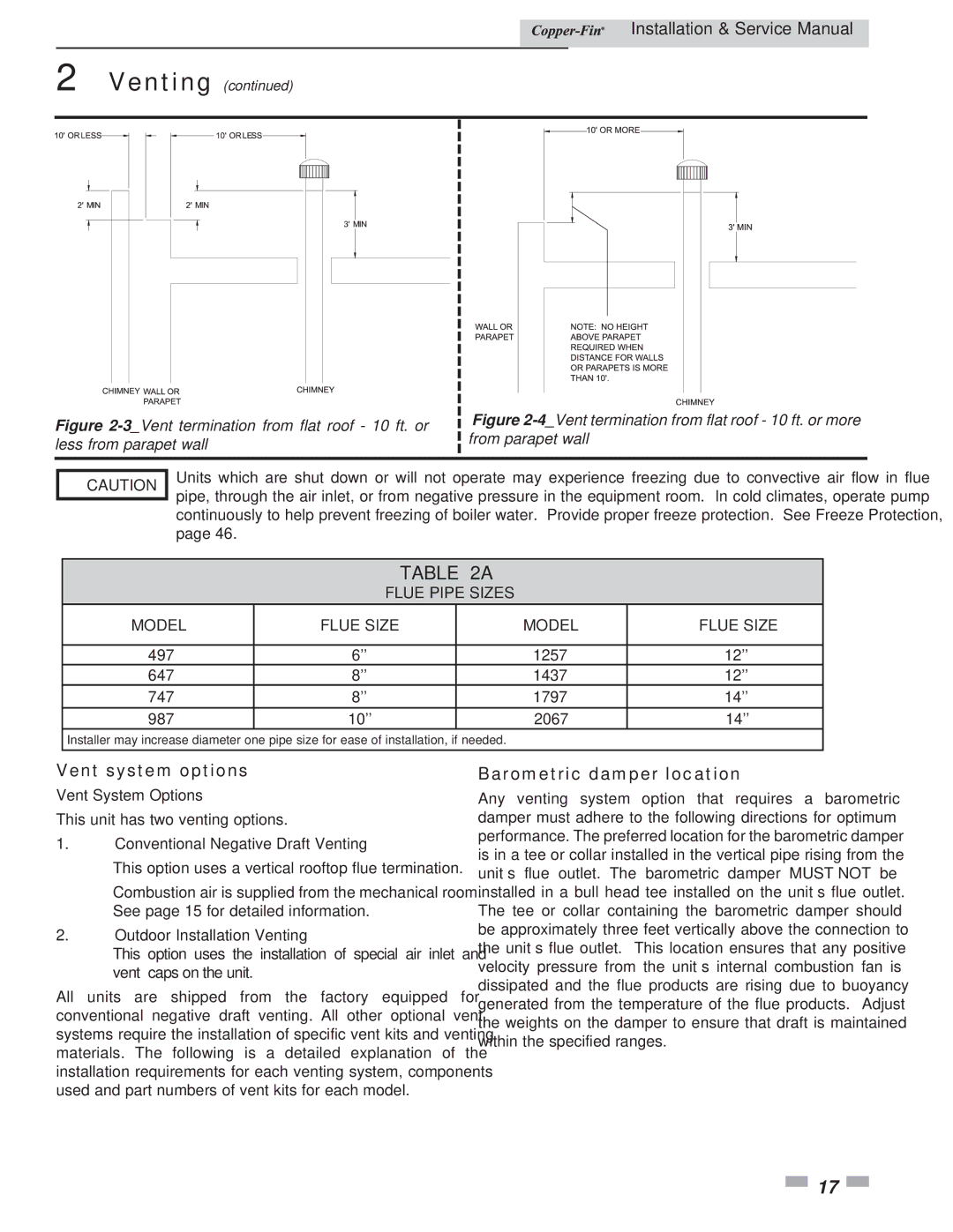 Lochinvar 497 - 2067 service manual Vent system options, Barometric damper location, Flue Pipe Sizes Model Flue Size 