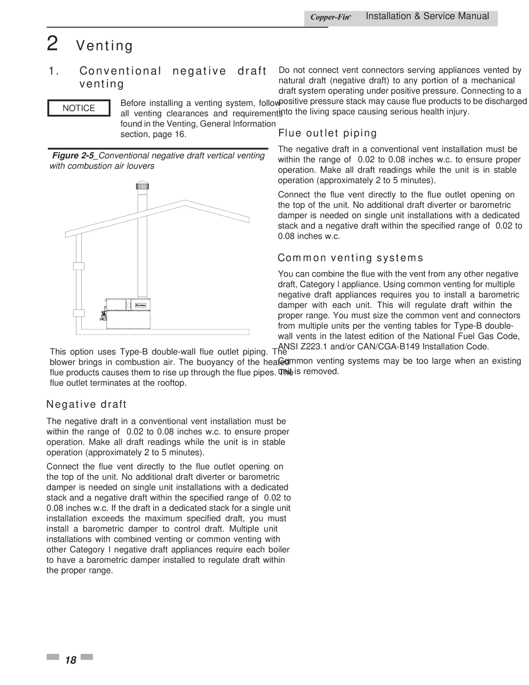 Lochinvar 497 - 2067 Conventional negative draft venting, Negative draft, Flue outlet piping, Common venting systems 