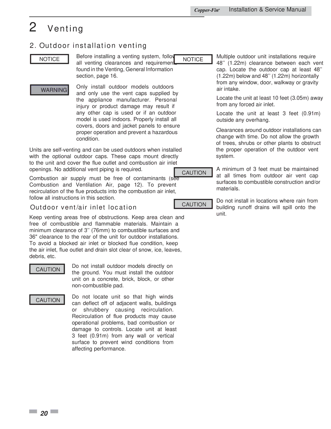 Lochinvar 497 - 2067 service manual Outdoor installation venting, Outdoor vent/air inlet location 