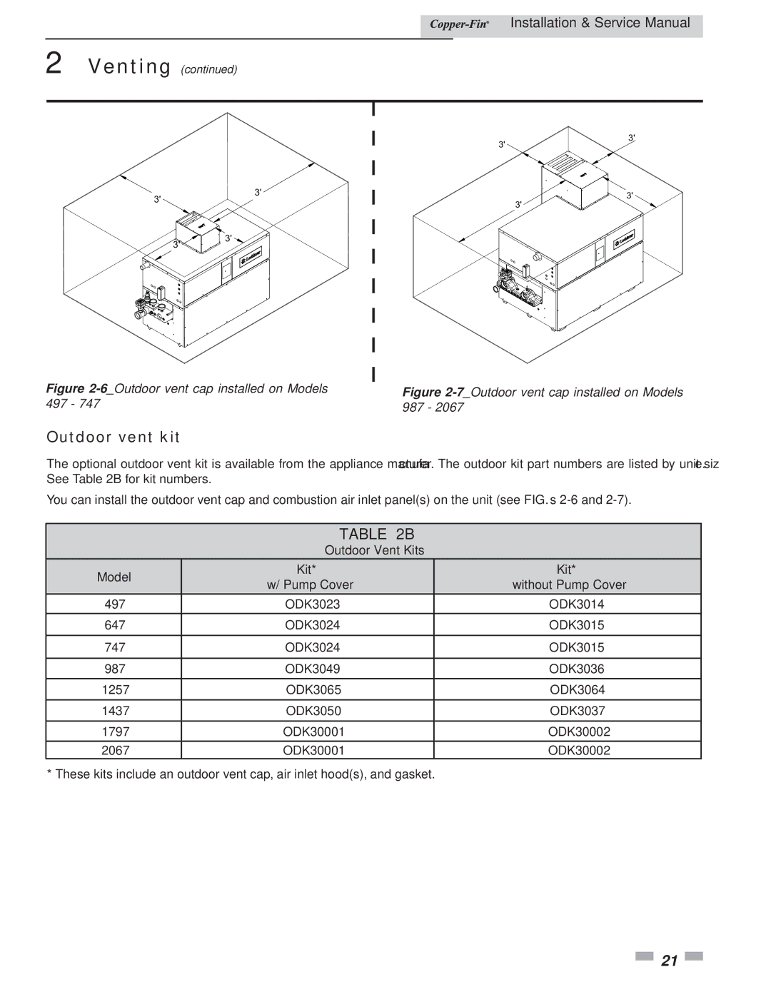 Lochinvar 497 - 2067 service manual Outdoor vent kit, Outdoor Vent Kits Model Pump Cover Without Pump Cover 