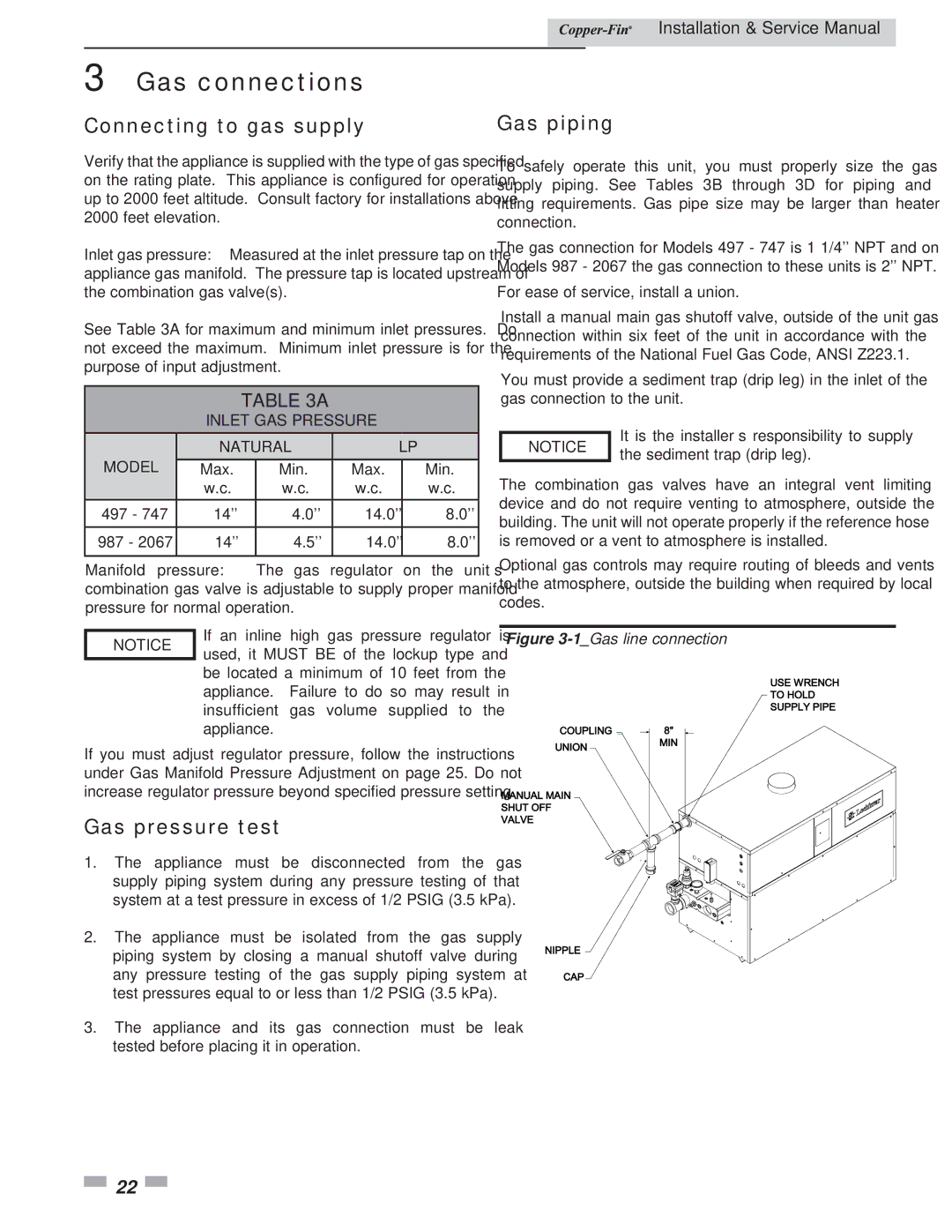 Lochinvar 497 - 2067 service manual Gas connections, Connecting to gas supply Gas piping, Gas pressure test 