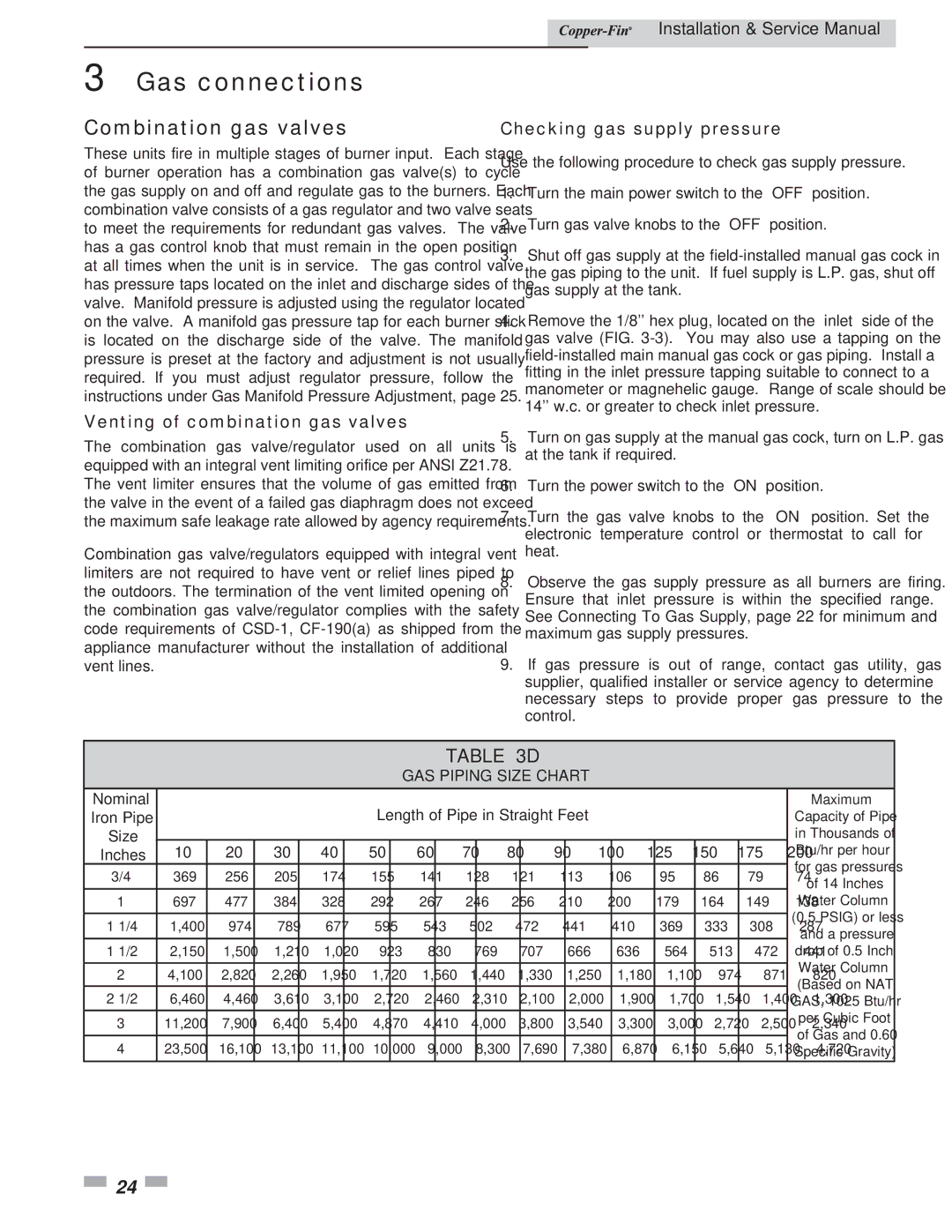 Lochinvar 497 - 2067 service manual Combination gas valves, Venting of combination gas valves, Checking gas supply pressure 