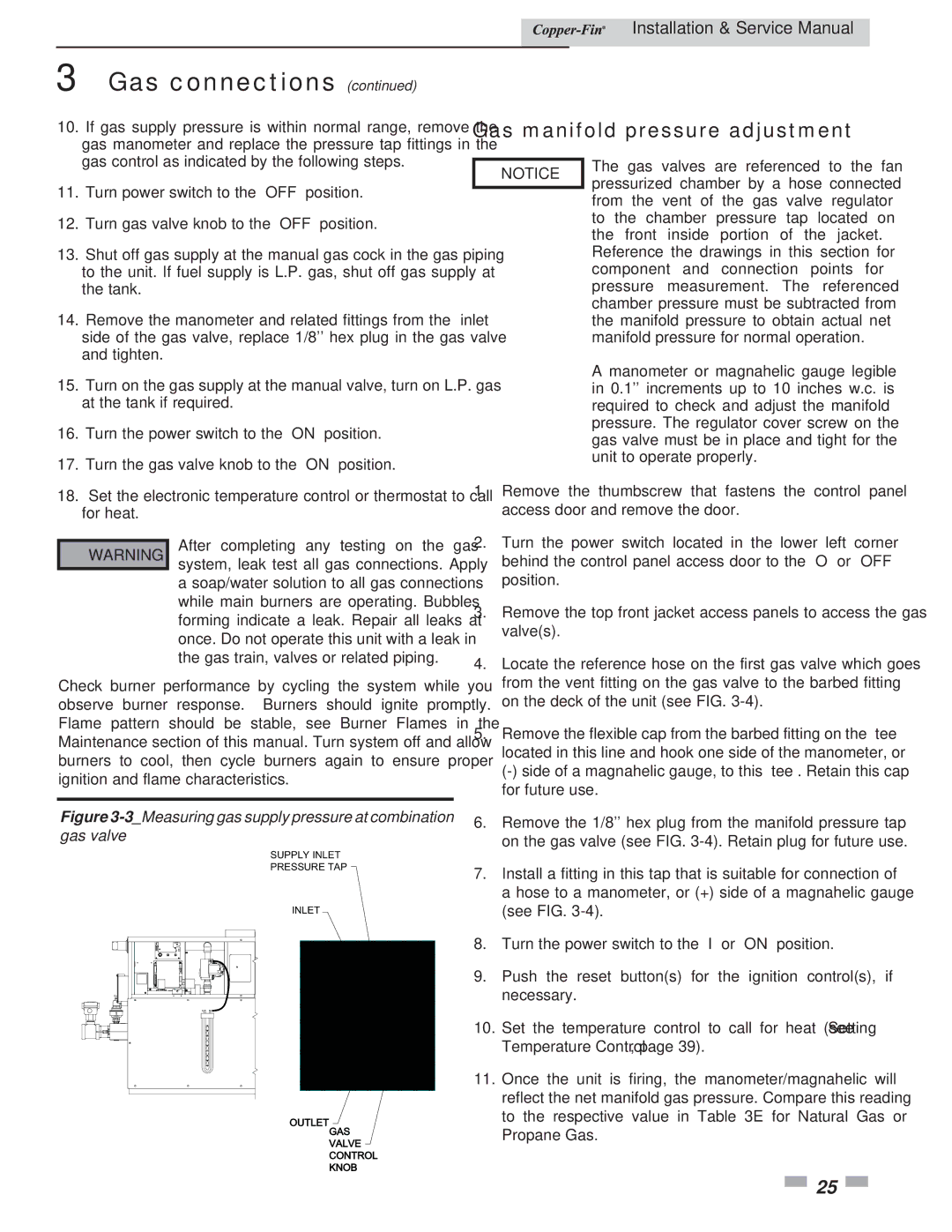 Lochinvar 497 - 2067 Gas manifold pressure adjustment, 3Measuring gas supply pressure at combination gas valve 