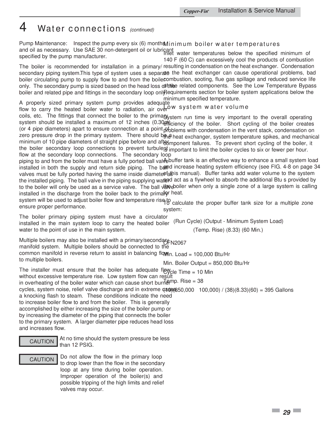 Lochinvar 497 - 2067 service manual Minimum boiler water temperatures, Low system water volume 