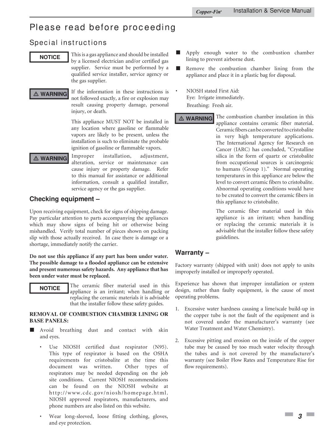 Lochinvar 497 - 2067 service manual Please read before proceeding, Special instructions, Checking equipment, Warranty 