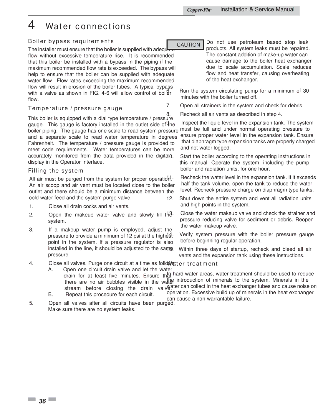 Lochinvar 497 - 2067 Boiler bypass requirements, Temperature / pressure gauge, Filling the system, Water treatment 