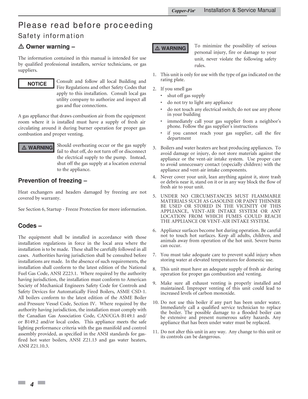 Lochinvar 497 - 2067 service manual Safety information, Owner warning, Prevention of freezing, Codes 