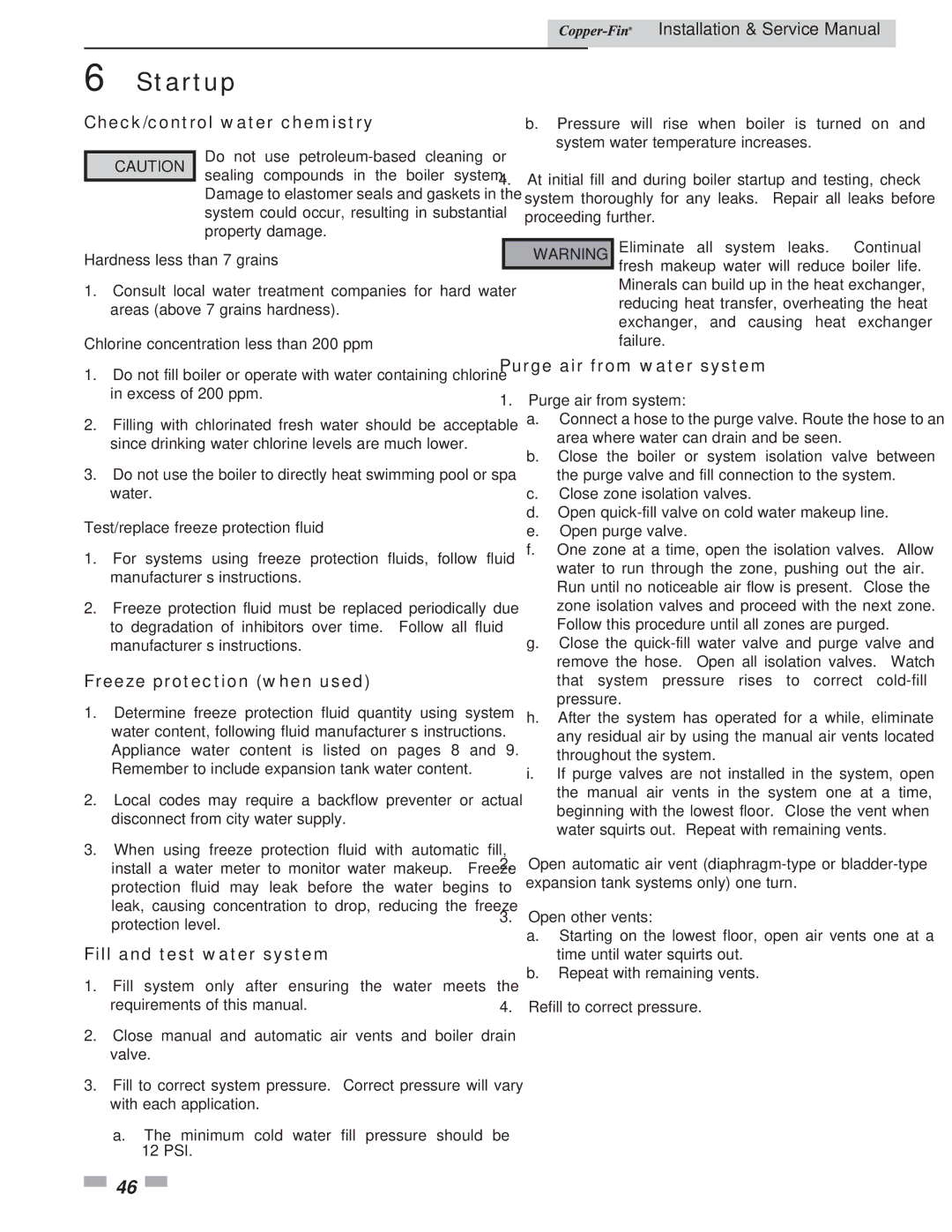 Lochinvar 497 - 2067 service manual Check/control water chemistry, Freeze protection when used, Fill and test water system 