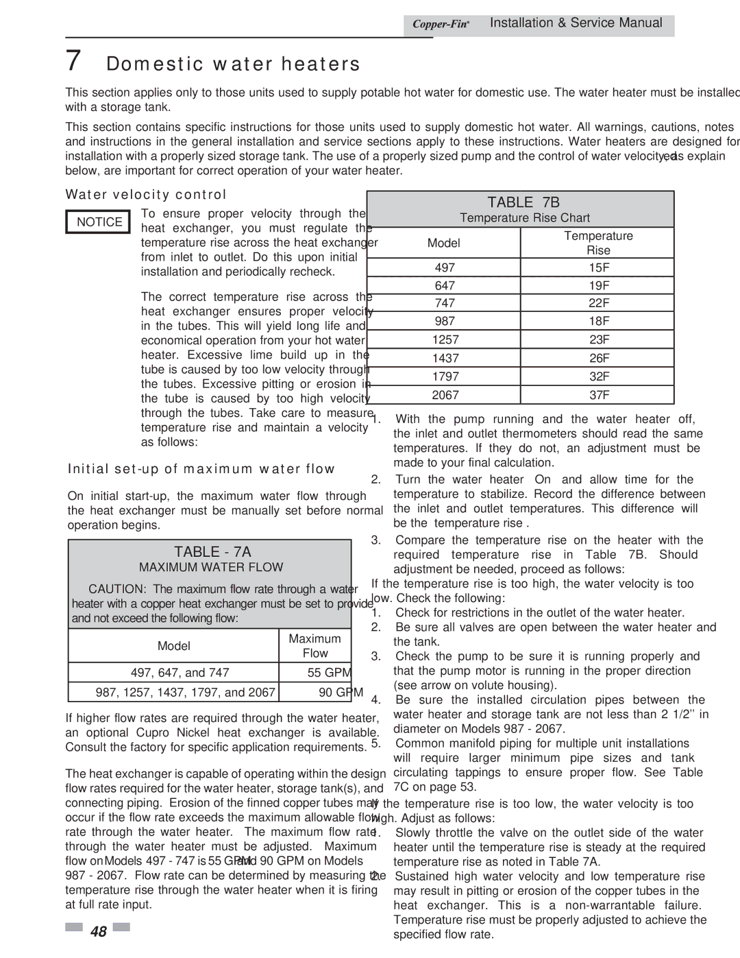 Lochinvar 497 - 2067 service manual Domestic water heaters, Water velocity control, Initial set-up of maximum water flow 