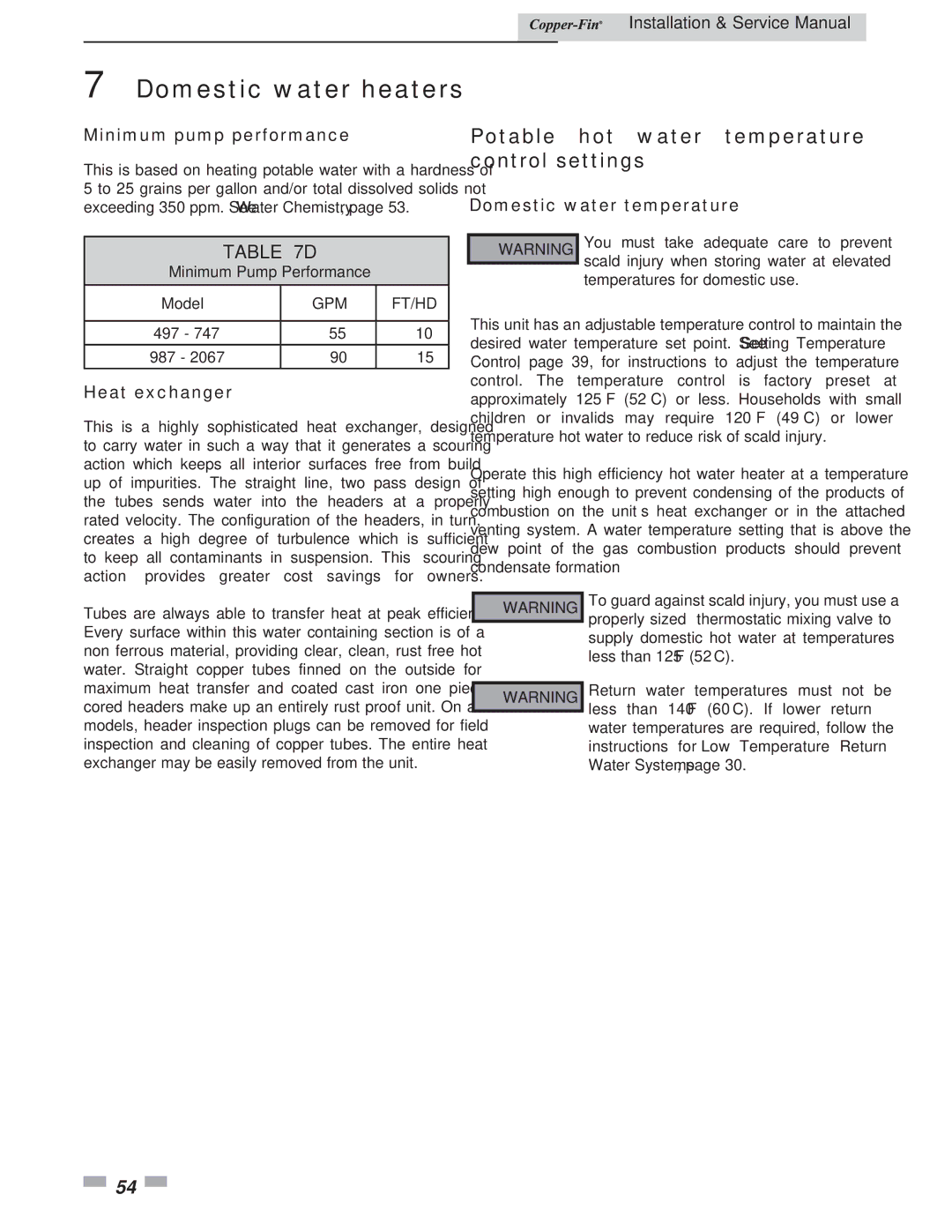 Lochinvar 497 - 2067 Potable hot water temperature control settings, Minimum pump performance, Heat exchanger, Gpm Ft/Hd 