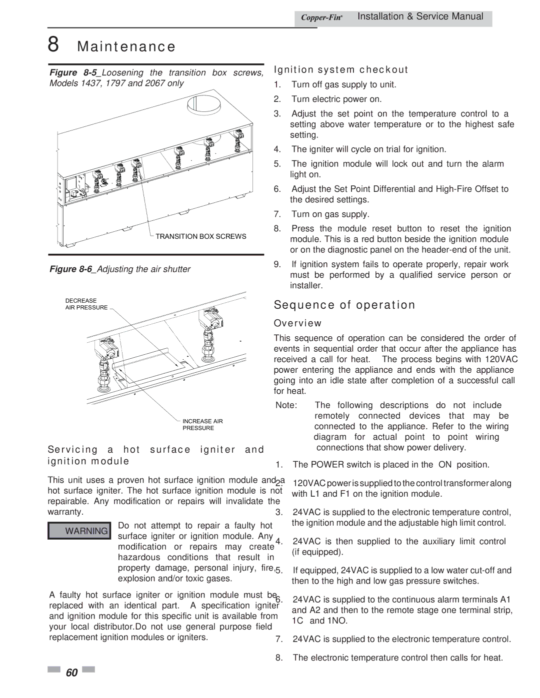 Lochinvar 497 - 2067 Sequence of operation, Servicing a hot surface igniter and ignition module, Ignition system checkout 