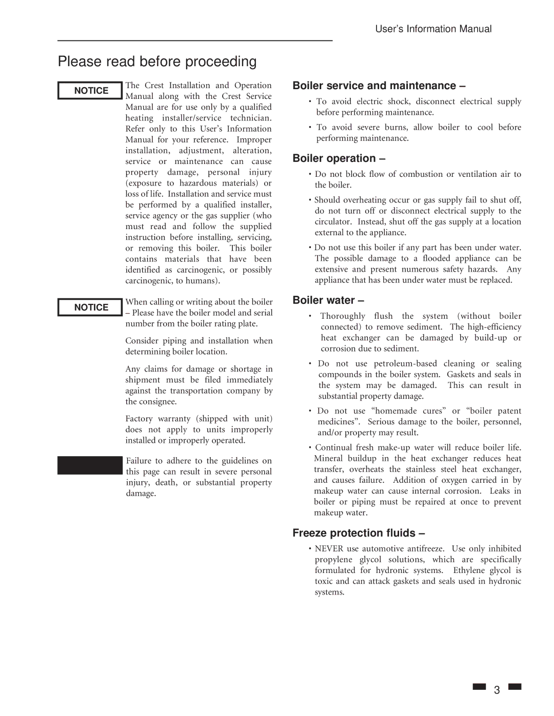 Lochinvar 1.5 manual Please read before proceeding, Boiler service and maintenance 