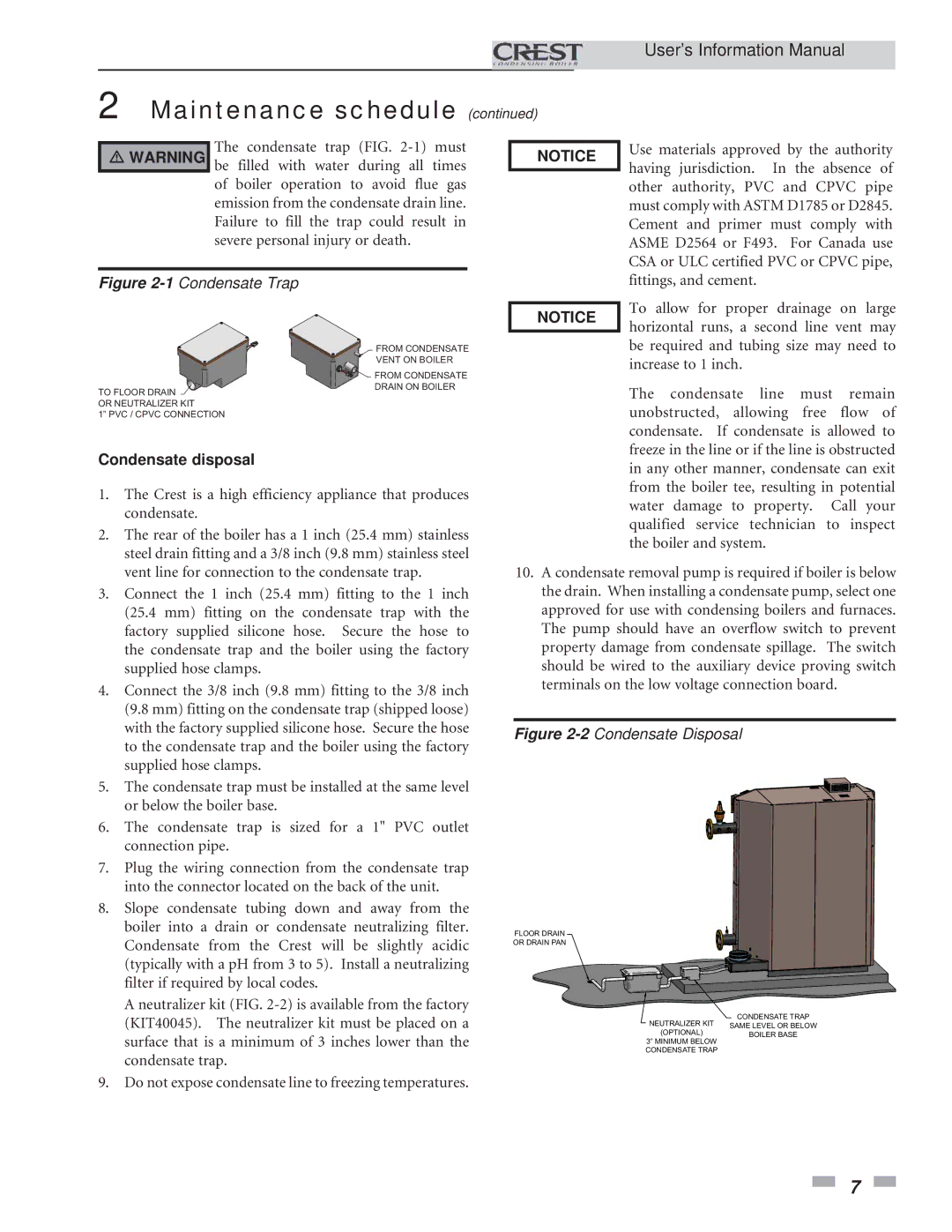 Lochinvar 1.5 manual 1Condensate Trap, Condensate disposal 