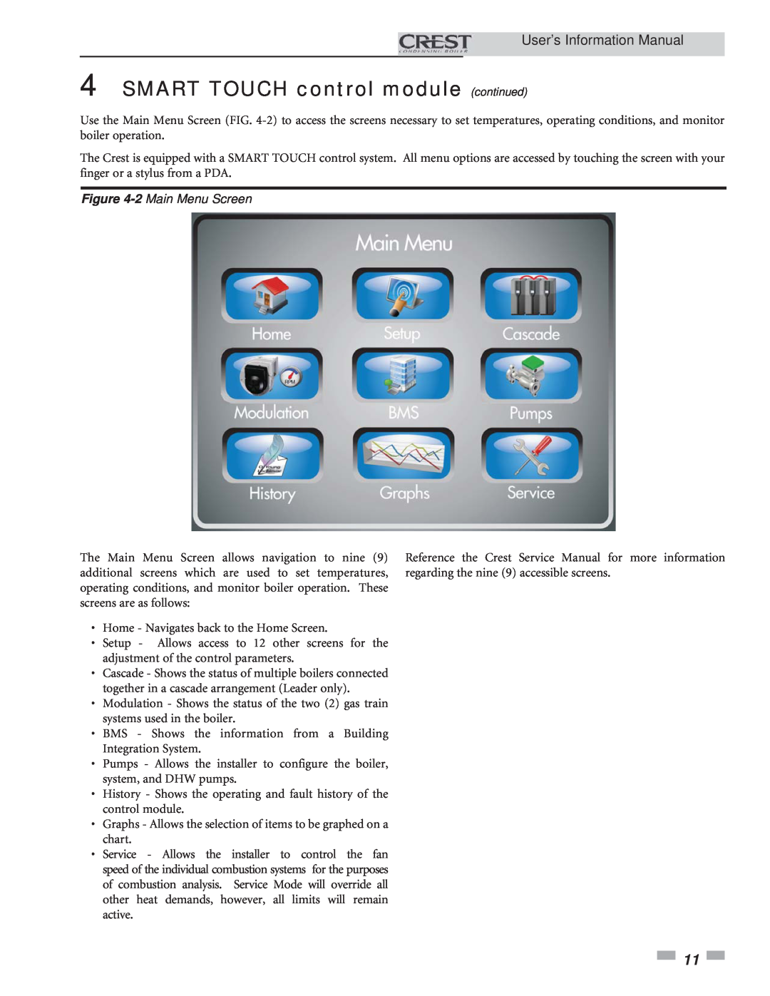 Lochinvar 1.5 manual SMART TOUCH control module continued, User’s Information Manual, 2 Main Menu Screen 