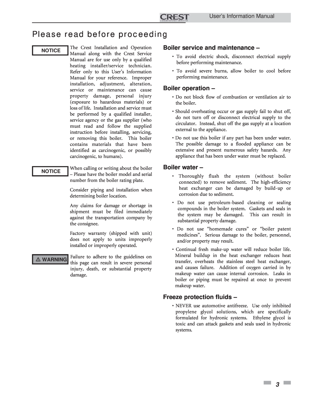 Lochinvar 1.5 manual Please read before proceeding, Boiler service and maintenance, Boiler operation, Boiler water 