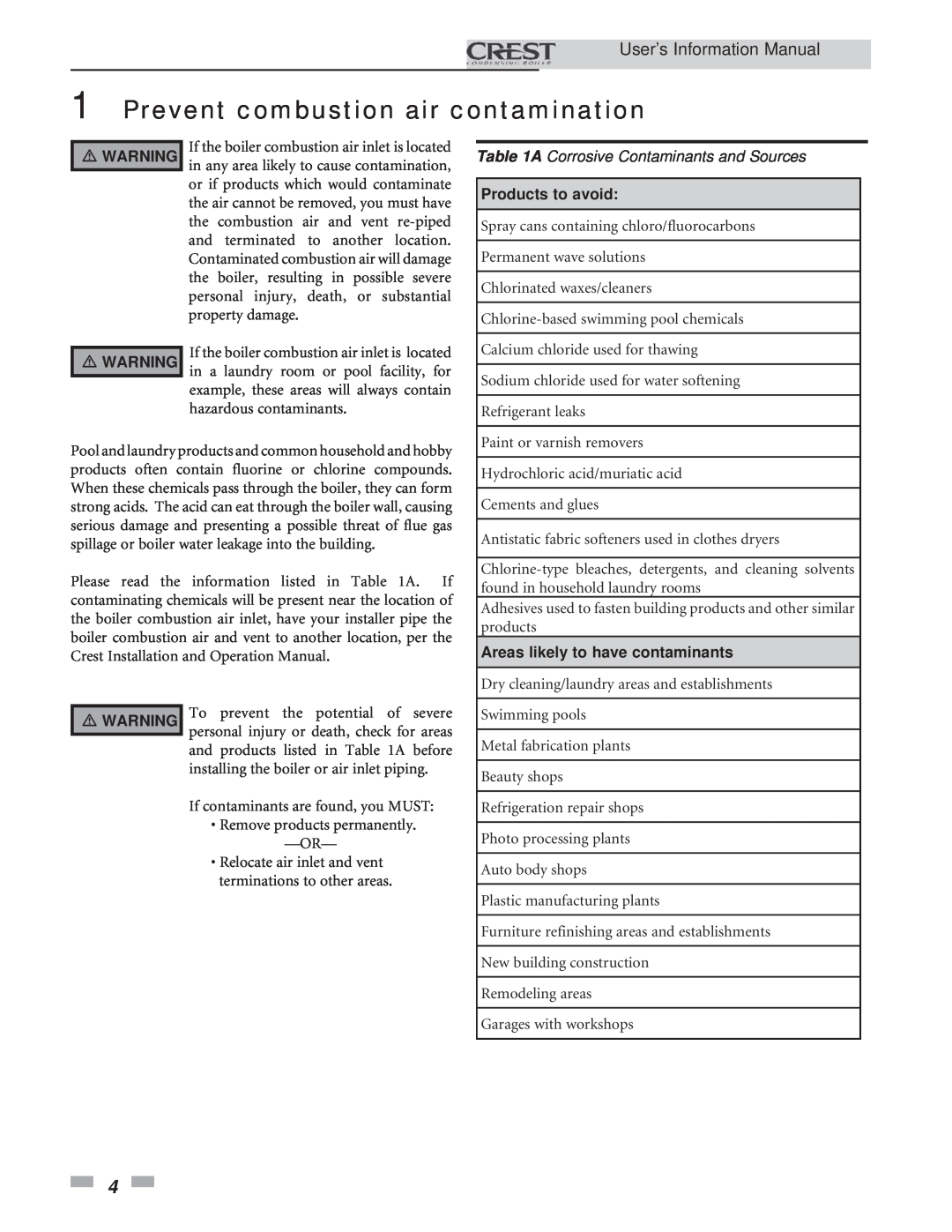 Lochinvar 1.5 Prevent combustion air contamination, User’s Information Manual, A Corrosive Contaminants and Sources 